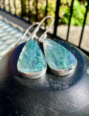 Moss Agate Dangle Earrings, Large Teardrop 22mm x 12mm Sterling Silver, Handmade UK gift