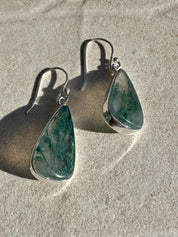 Moss Agate Dangle Earrings, Large Teardrop 22mm x 12mm Sterling Silver, Handmade UK gift