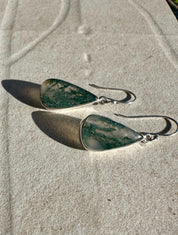 Moss Agate Dangle Earrings, Large Teardrop 22mm x 12mm Sterling Silver, Handmade UK gift
