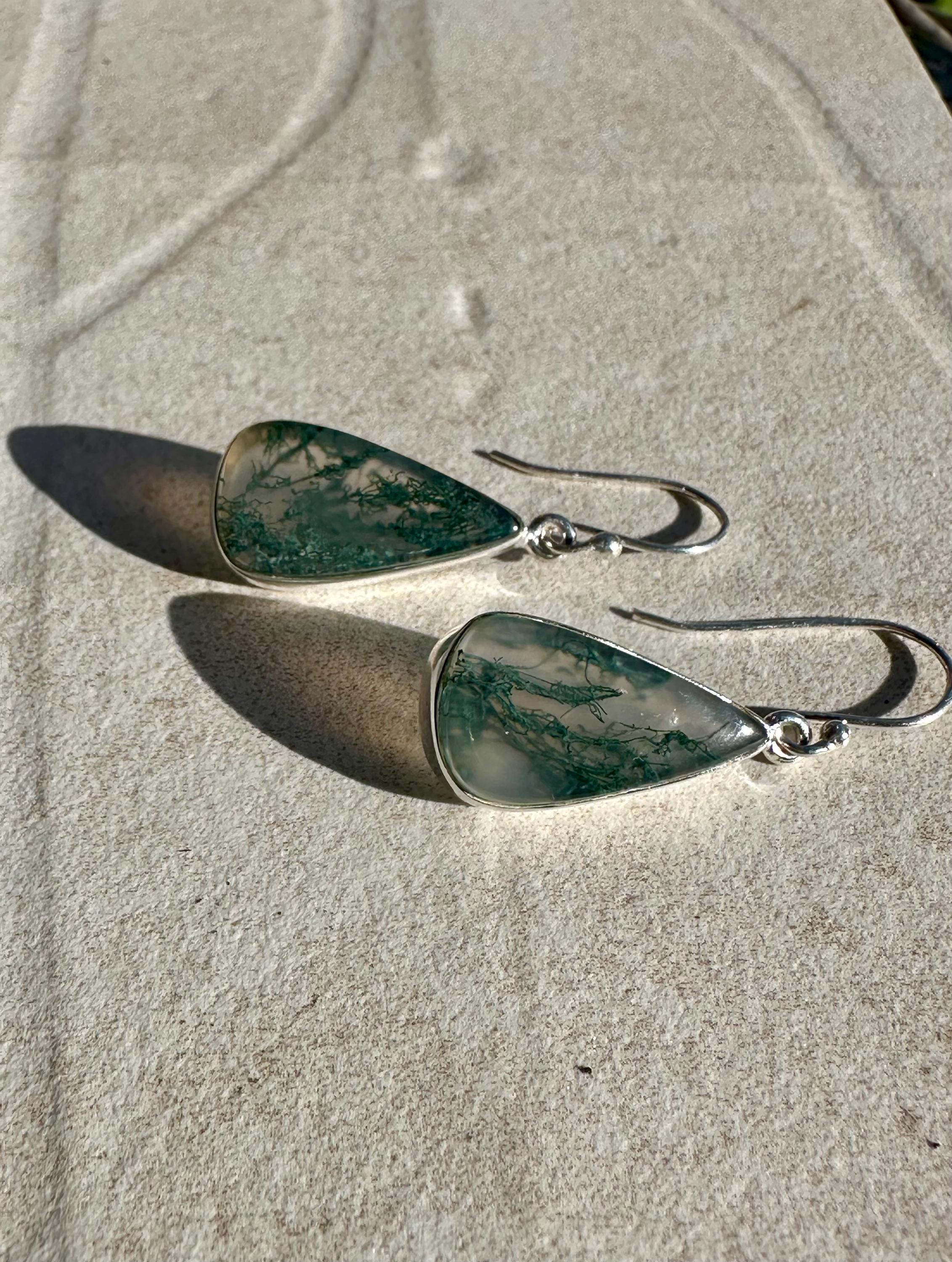 Moss Agate Dangle Earrings, Large Teardrop 22mm x 12mm Sterling Silver, Handmade UK gift