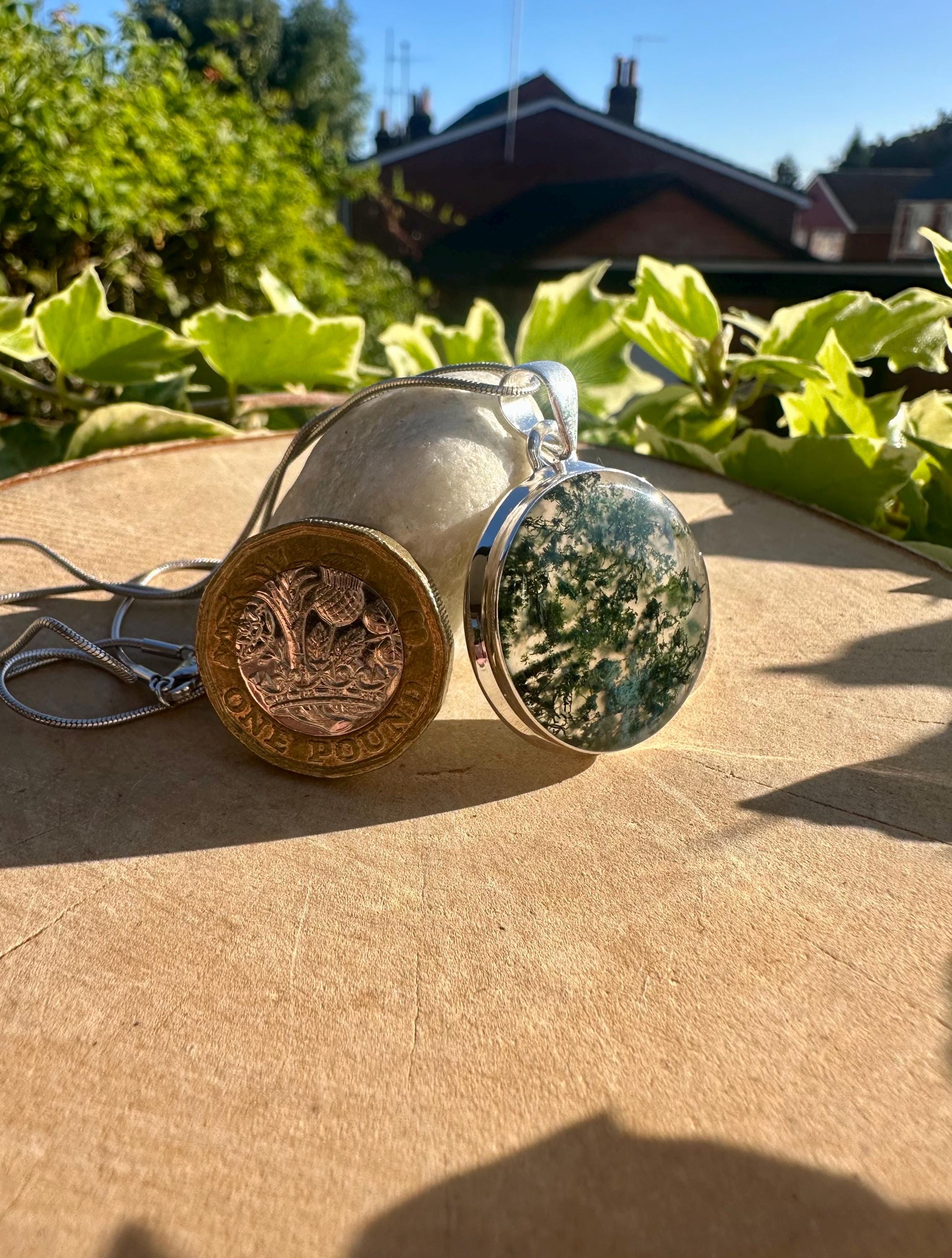 Moss Agate Pendant, Round 28mm x 28mm Sterling Silver, Handmade UK gift