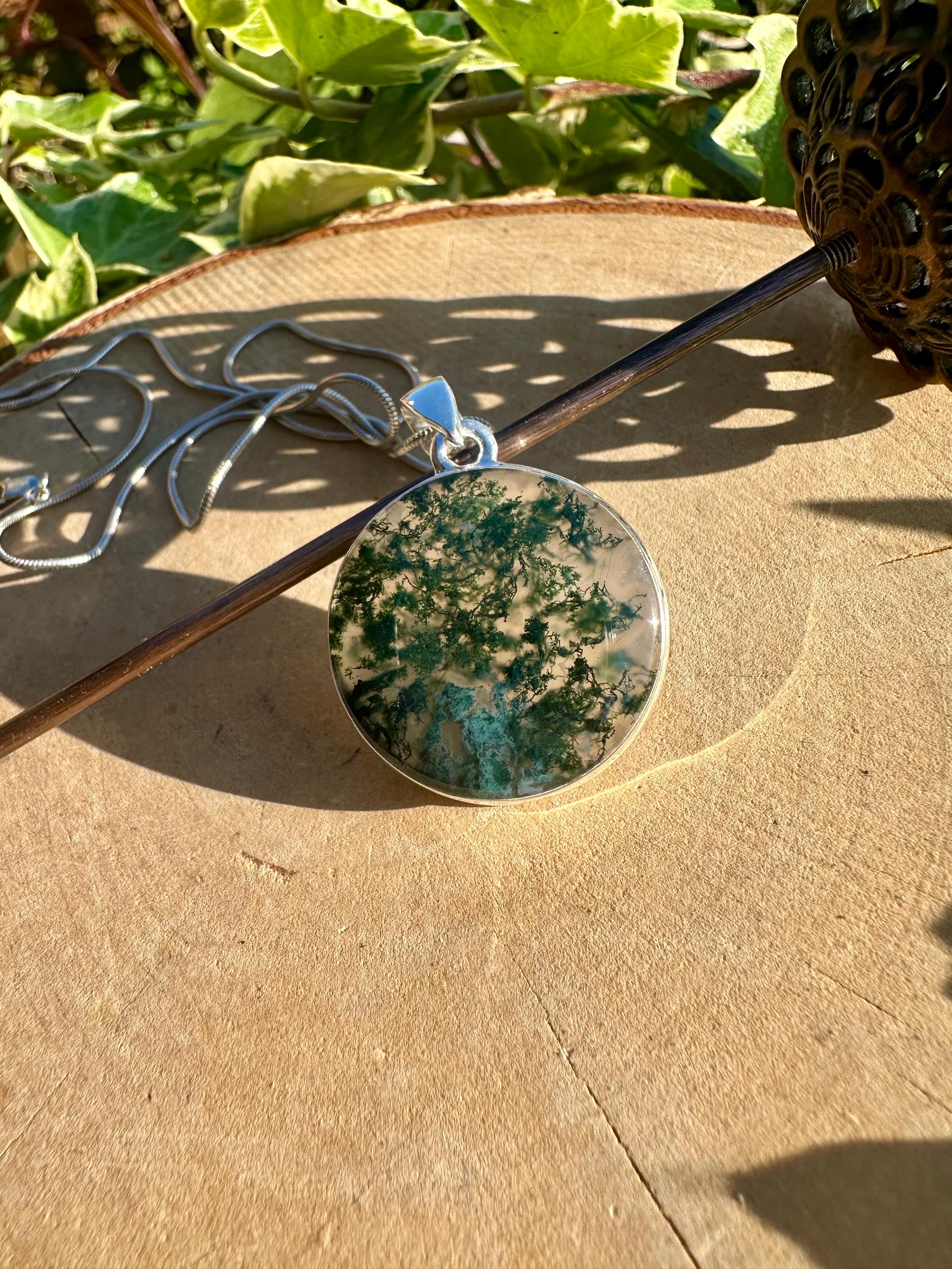 Moss Agate Pendant, Round 28mm x 28mm Sterling Silver, Handmade UK gift