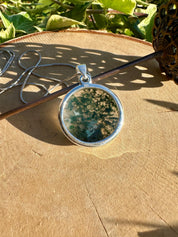 Moss Agate Pendant, Round 28mm x 28mm Sterling Silver, Handmade UK gift