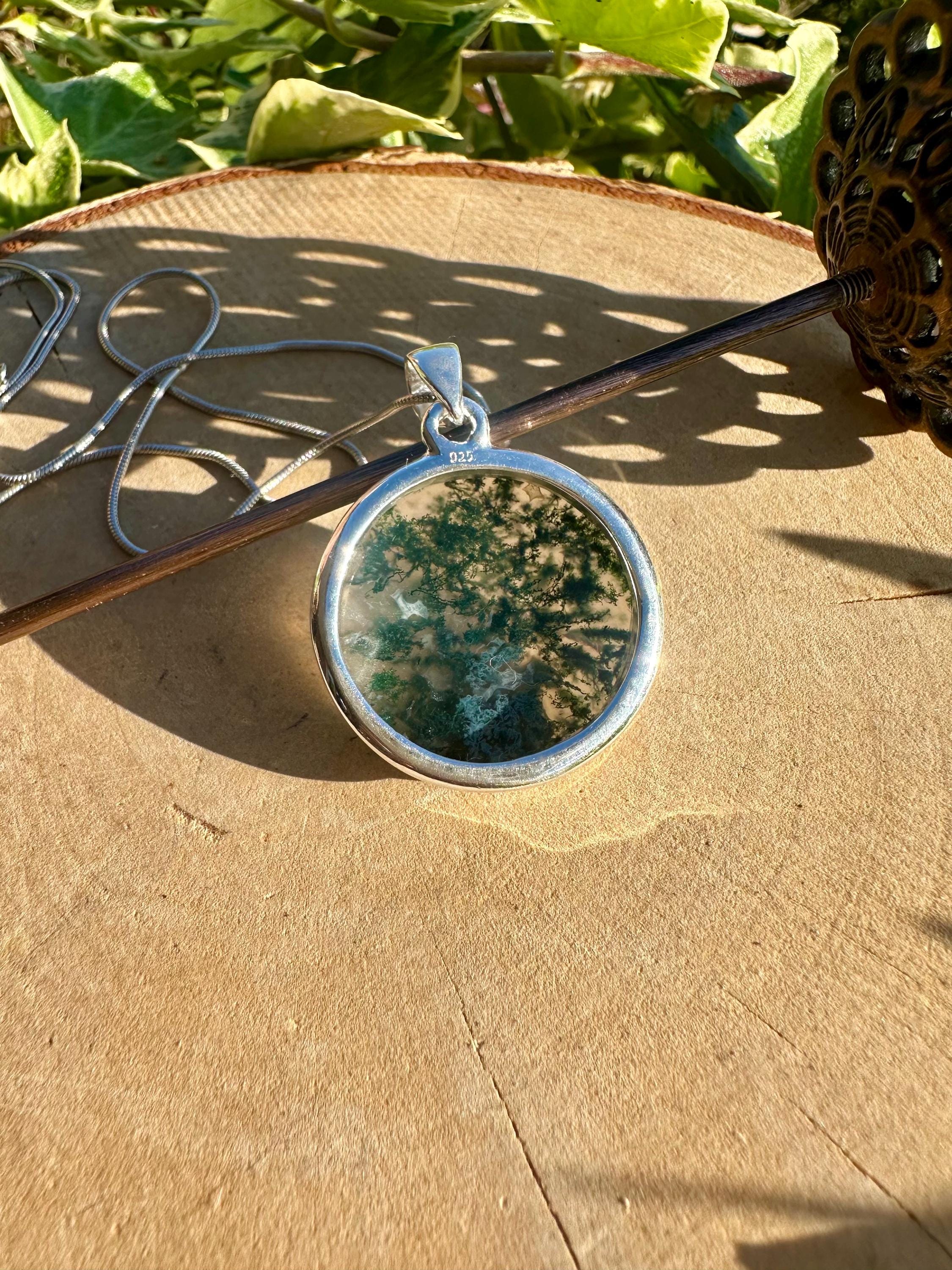 Moss Agate Pendant, Round 28mm x 28mm Sterling Silver, Handmade UK gift