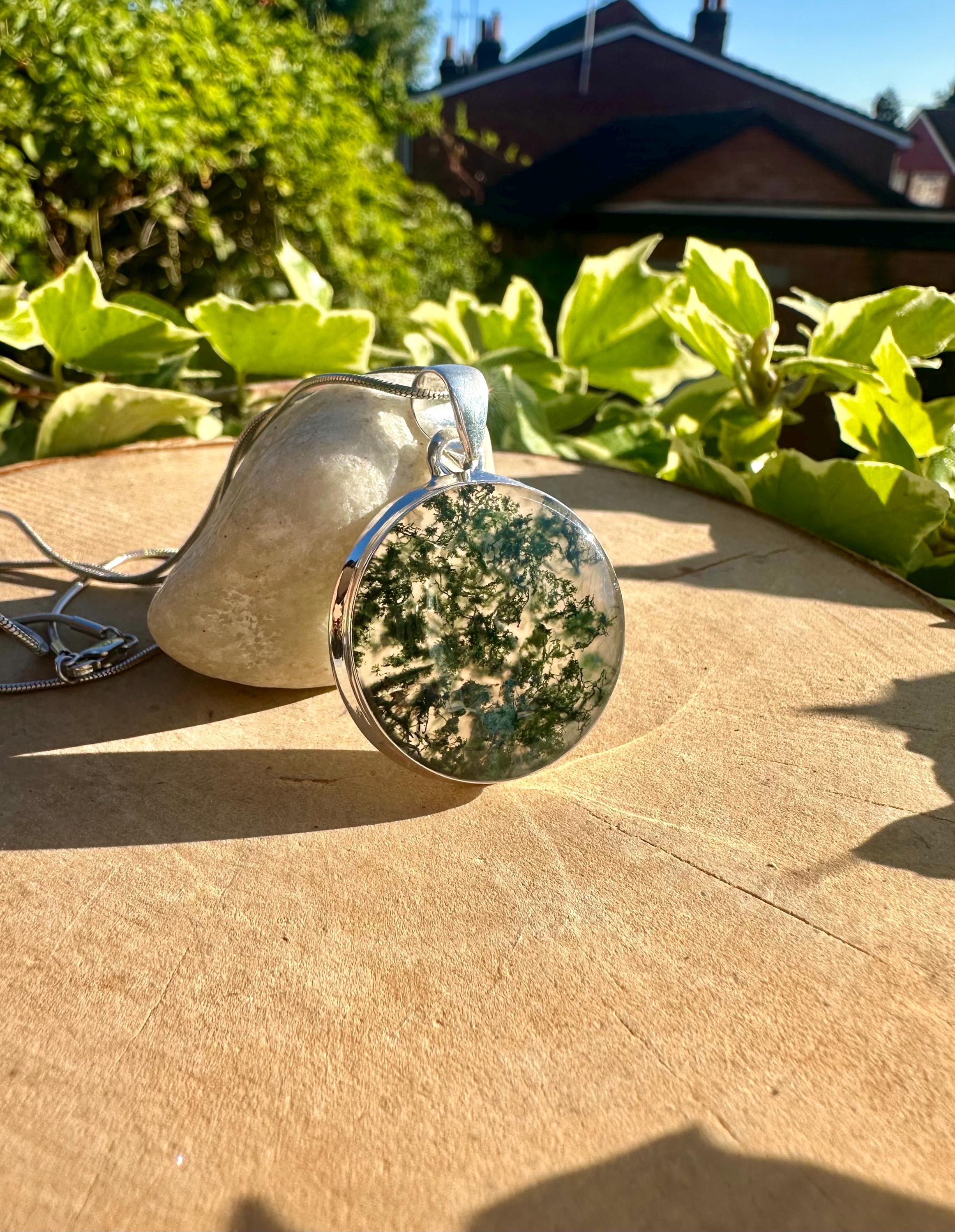 Moss Agate Pendant, Round 28mm x 28mm Sterling Silver, Handmade UK gift