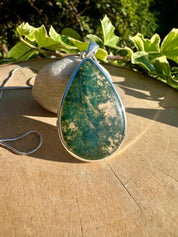Moss Agate Sterling Silver Pendant: Handmade Teardrop Gemstone