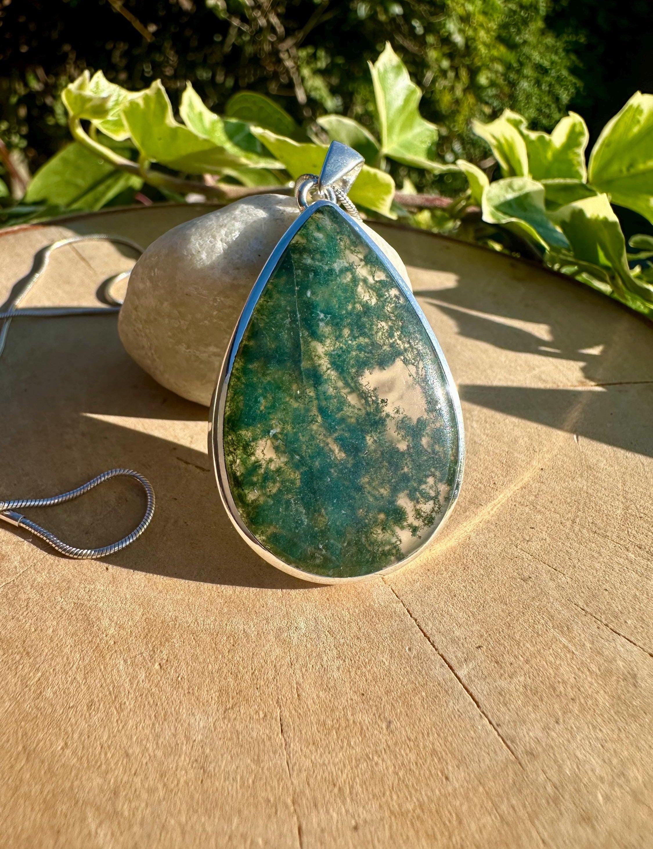 Moss Agate Sterling Silver Pendant: Handmade Teardrop Gemstone