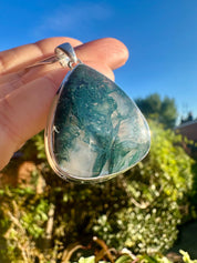 Large Moss Agate Sterling Silver Pendant - Handmade UK