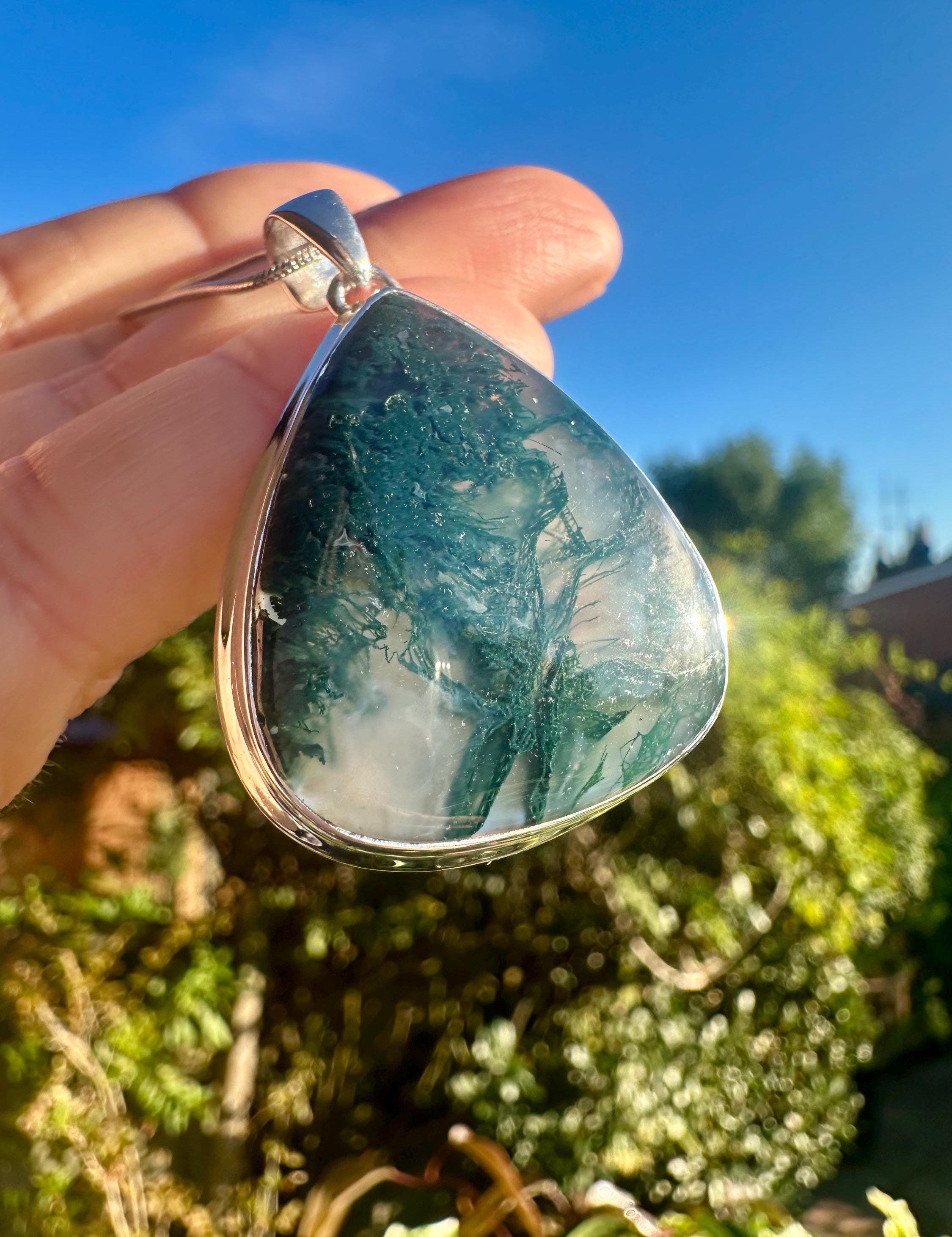 Large Moss Agate Sterling Silver Pendant - Handmade UK