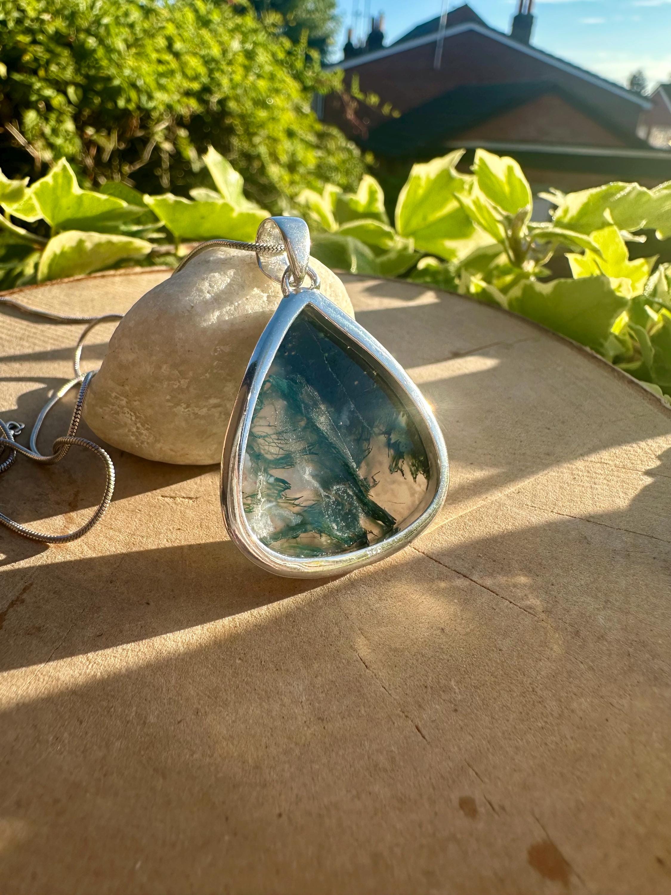 Large Moss Agate Sterling Silver Pendant - Handmade UK