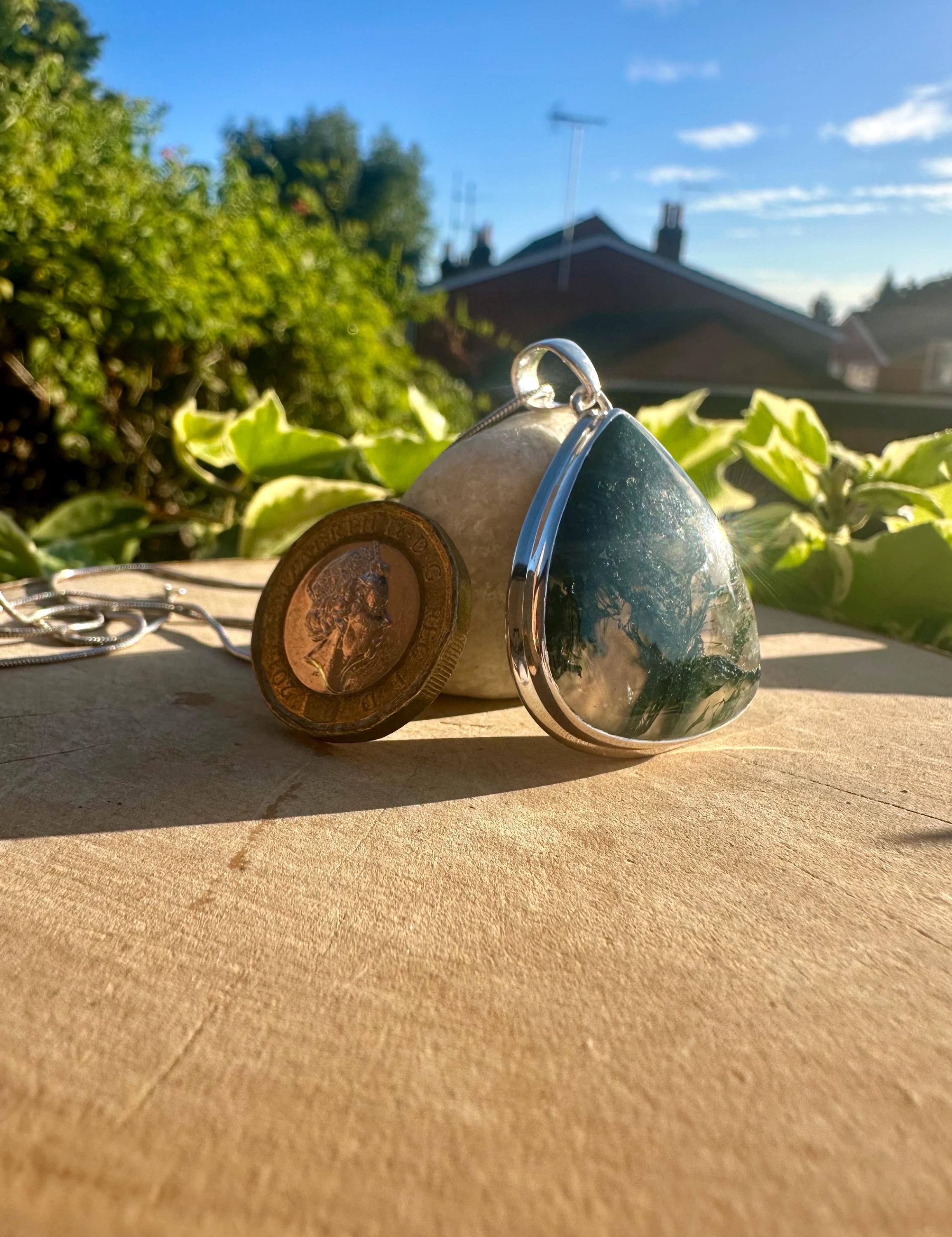 Large Moss Agate Sterling Silver Pendant - Handmade UK