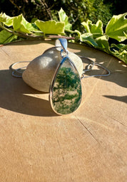 Moss Agate Pendant, Teardrop 34 mm x 20 mm Sterling Silver, Handmade UK gift