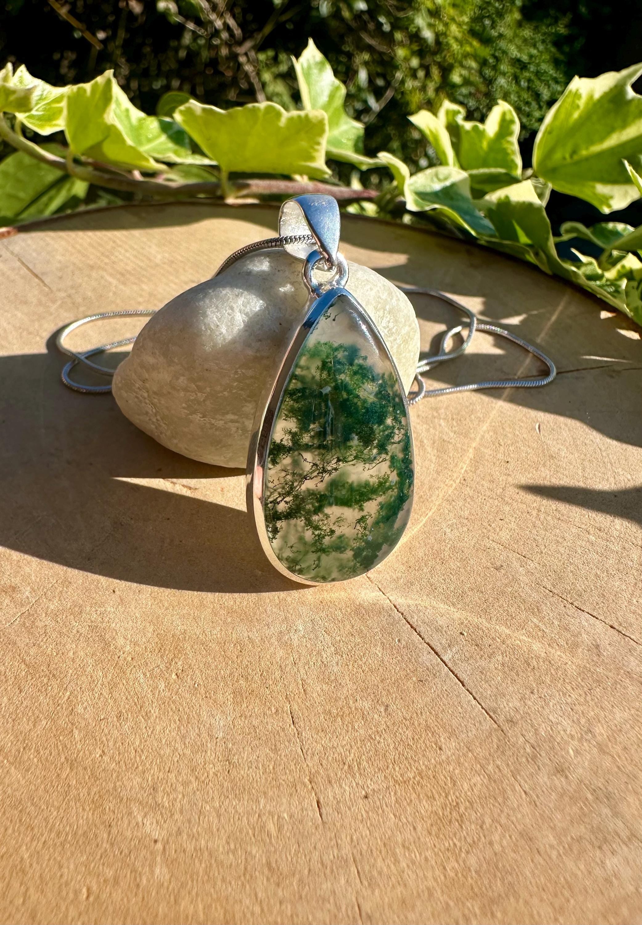 Moss Agate Pendant, Teardrop 34 mm x 20 mm Sterling Silver, Handmade UK gift