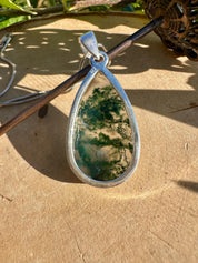 Moss Agate Pendant, Teardrop 34 mm x 20 mm Sterling Silver, Handmade UK gift