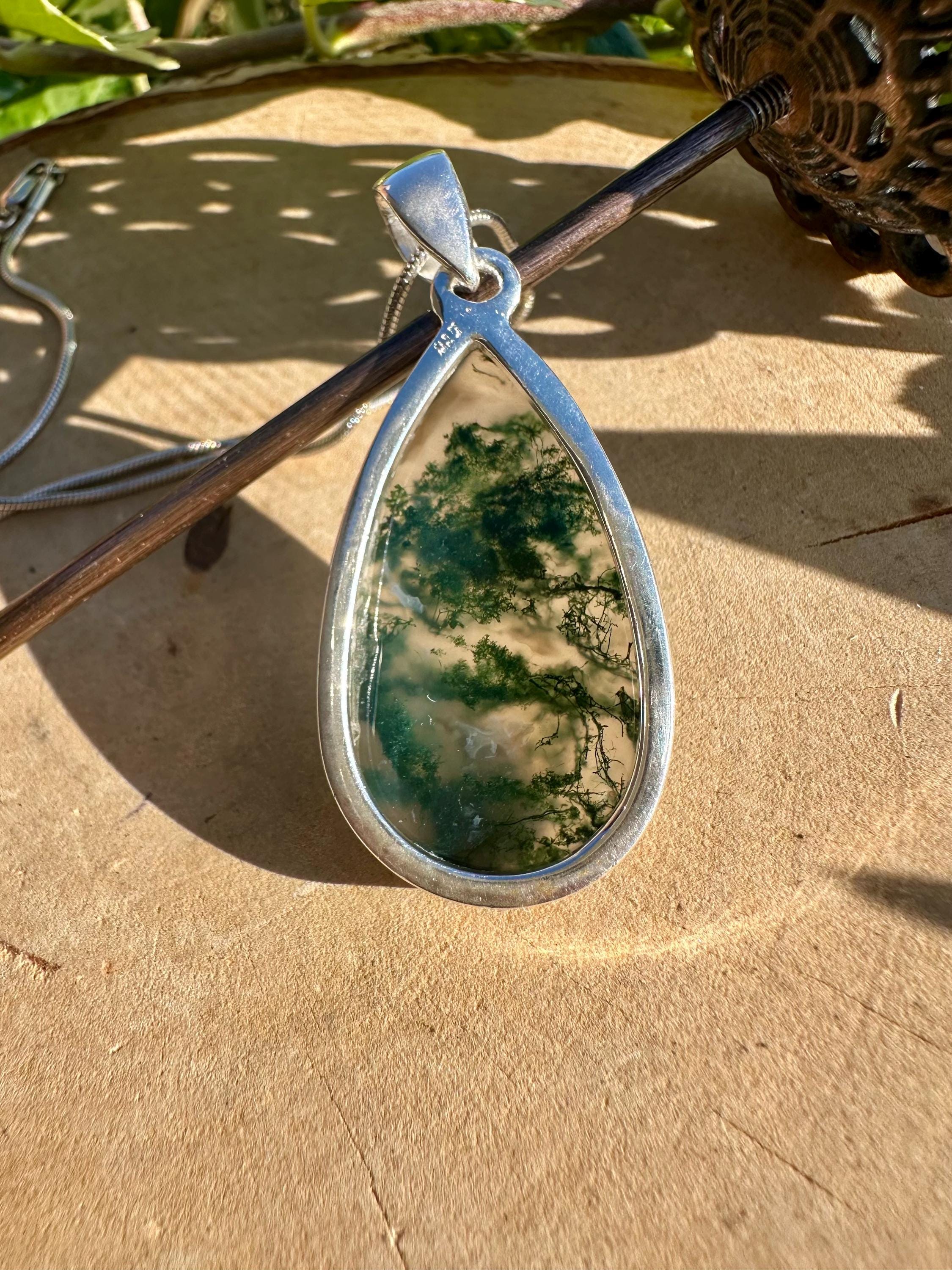 Moss Agate Pendant, Teardrop 34 mm x 20 mm Sterling Silver, Handmade UK gift