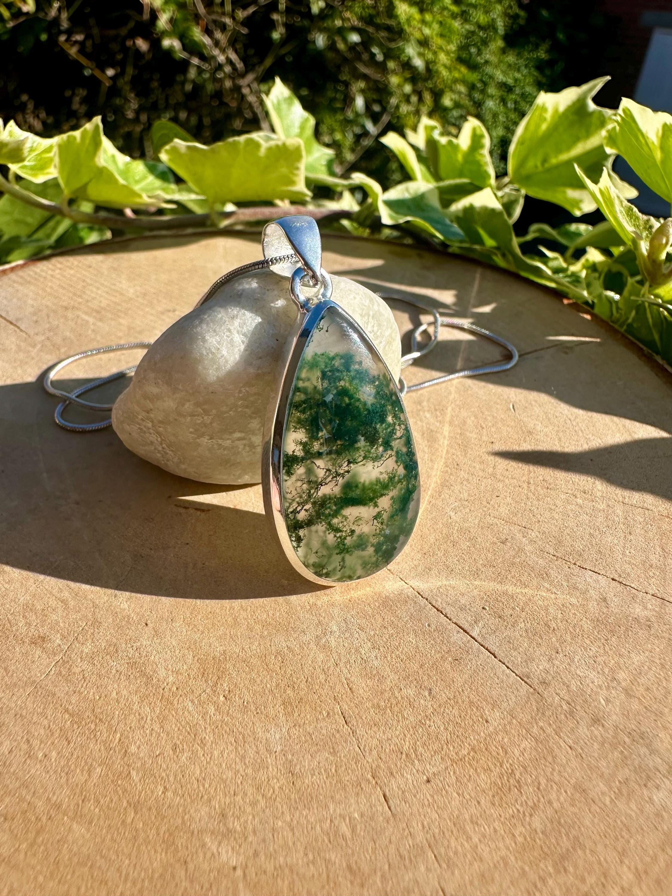 Moss Agate Pendant, Teardrop 34 mm x 20 mm Sterling Silver, Handmade UK gift