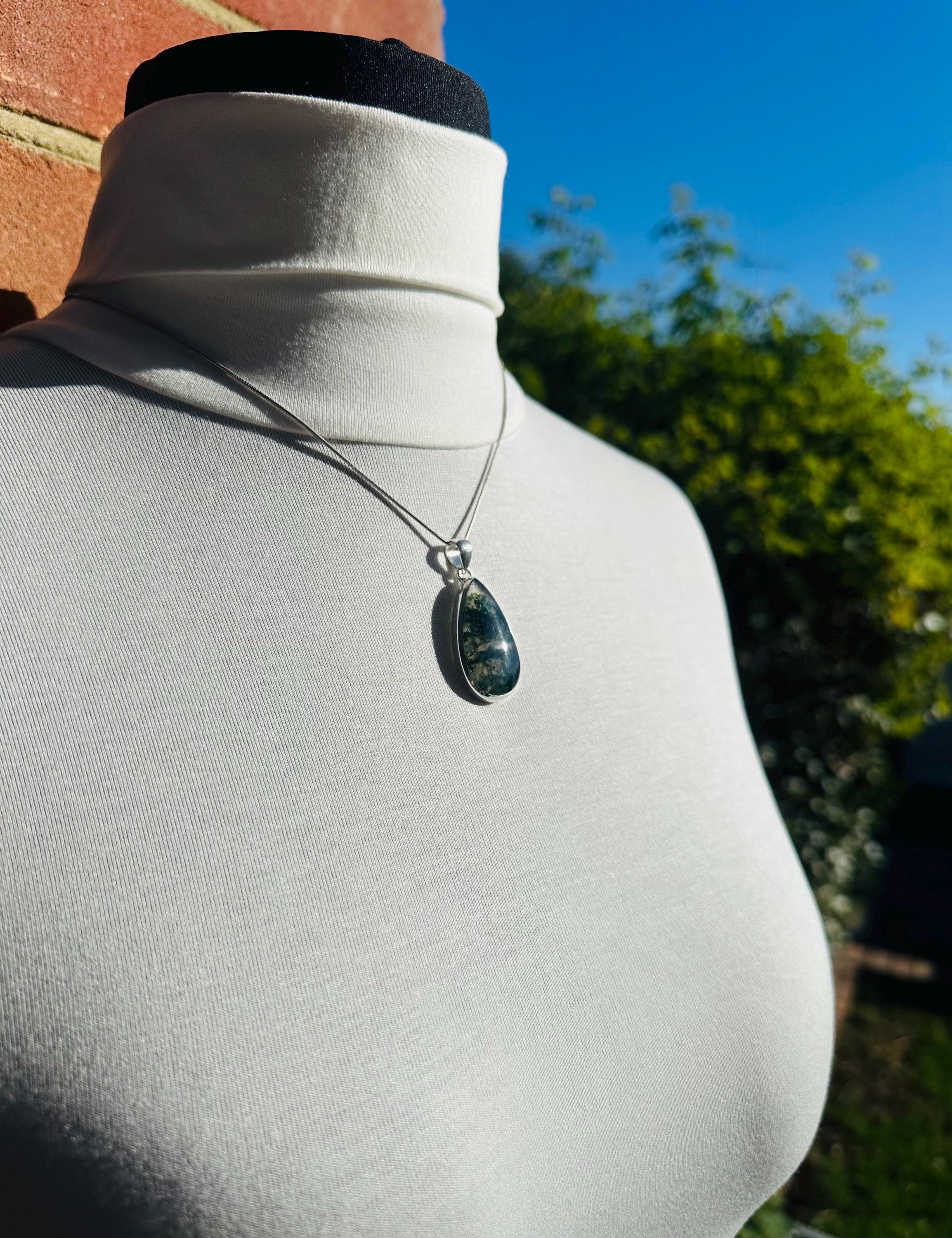 Moss Agate Pendant, Teardrop 34 mm x 20 mm Sterling Silver, Handmade UK gift