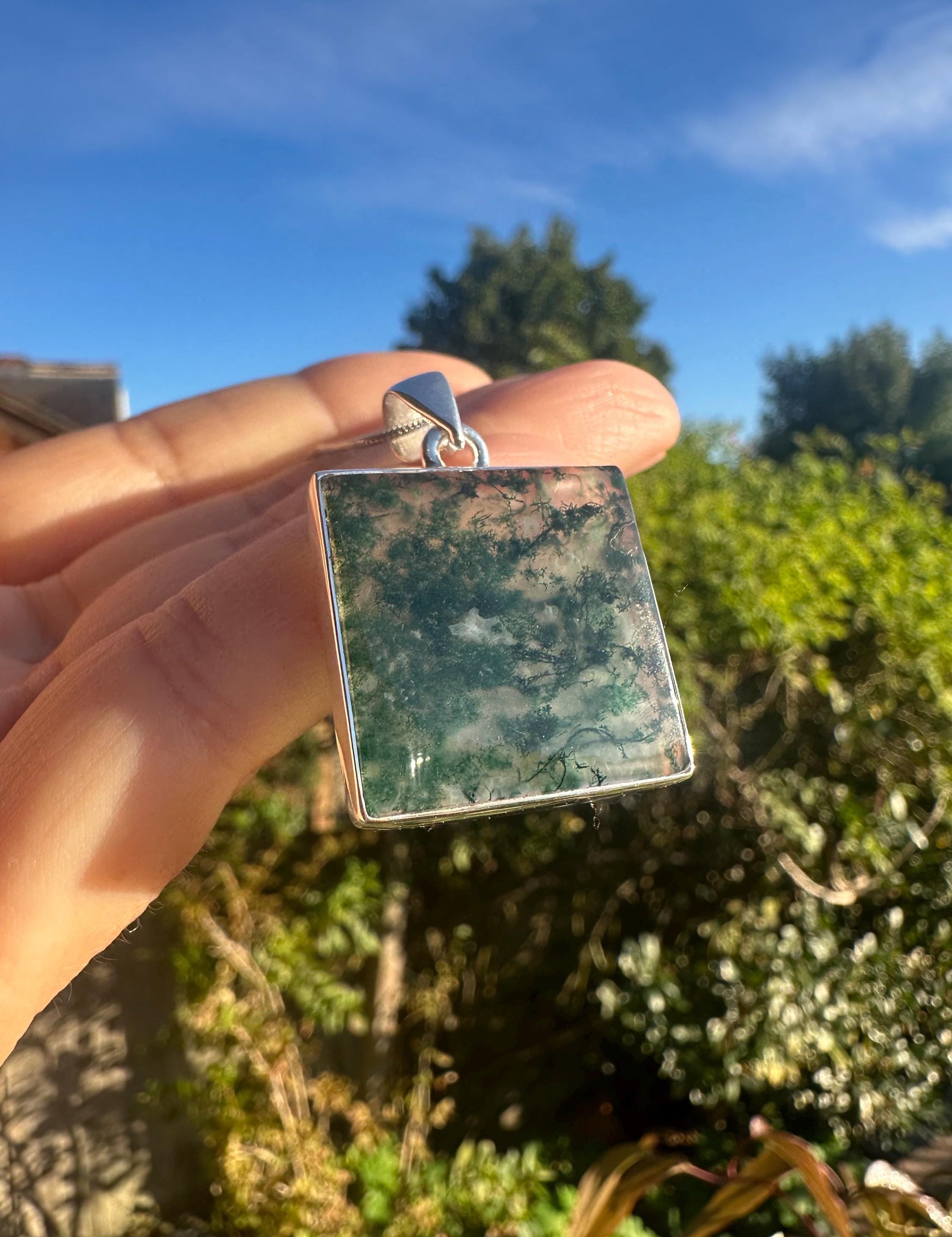 Handmade Moss Agate Pendant: Square Sterling Silver, UK Gift