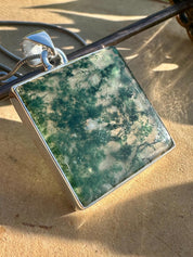 Handmade Moss Agate Pendant: Square Sterling Silver, UK Gift