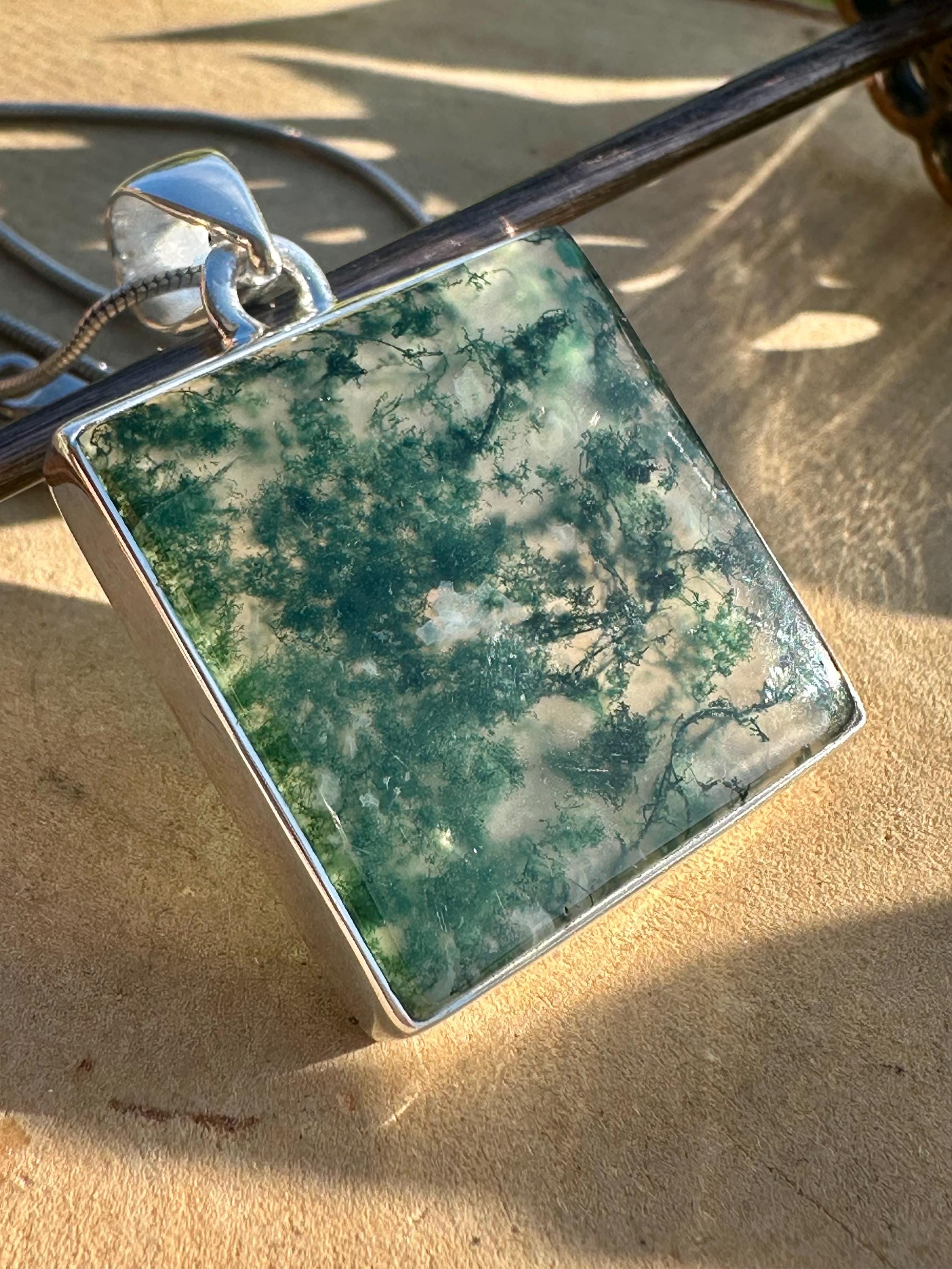 Handmade Moss Agate Pendant: Square Sterling Silver, UK Gift