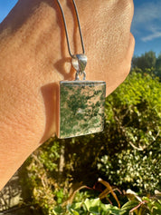 Handmade Moss Agate Pendant: Square Sterling Silver, UK Gift