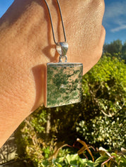 Handmade Moss Agate Pendant: Square Sterling Silver, UK Gift