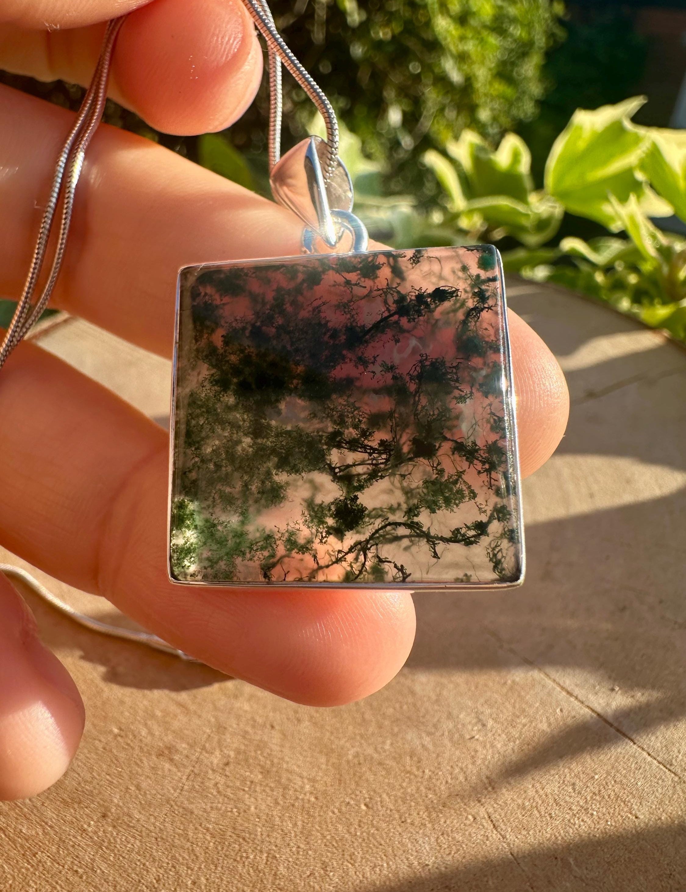 Handmade Moss Agate Pendant: Square Sterling Silver, UK Gift