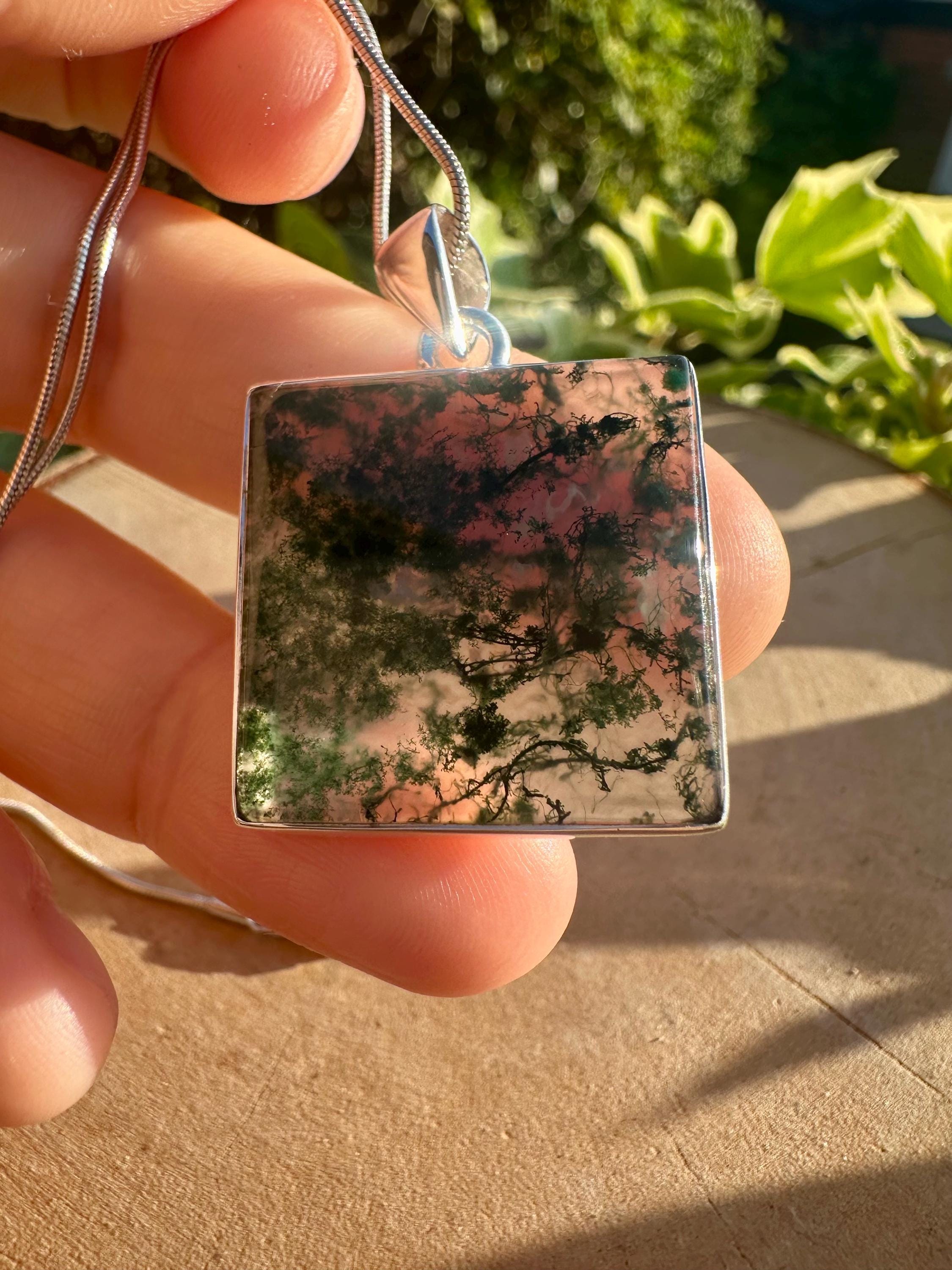 Handmade Moss Agate Pendant: Square Sterling Silver, UK Gift