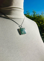Handmade Moss Agate Pendant: Square Sterling Silver, UK Gift
