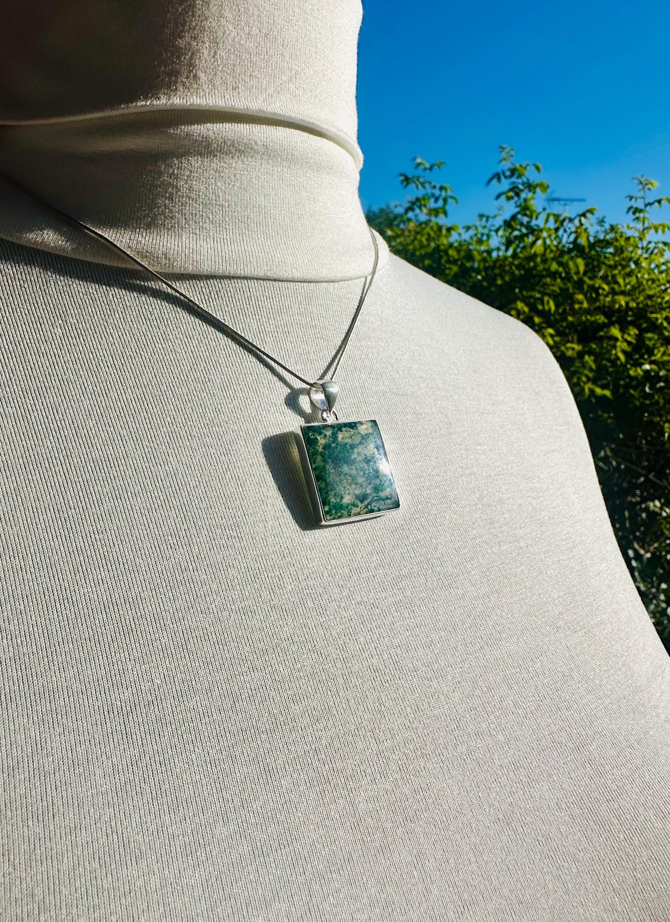 Handmade Moss Agate Pendant: Square Sterling Silver, UK Gift