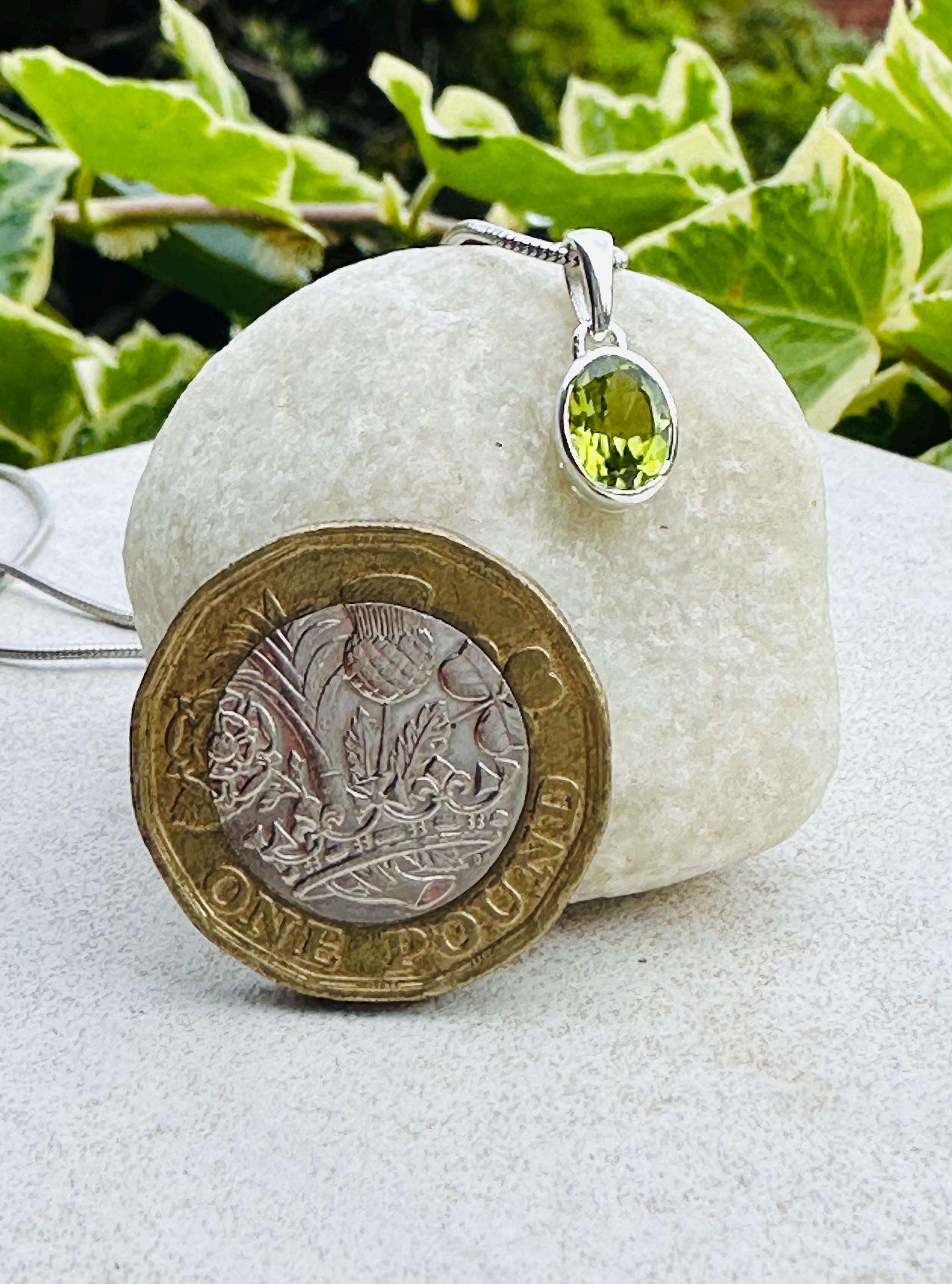 Natural Peridot Pendant, Oval 8mm x 6mm, Sterling Silver, August Birthstone, Handmade UK gift