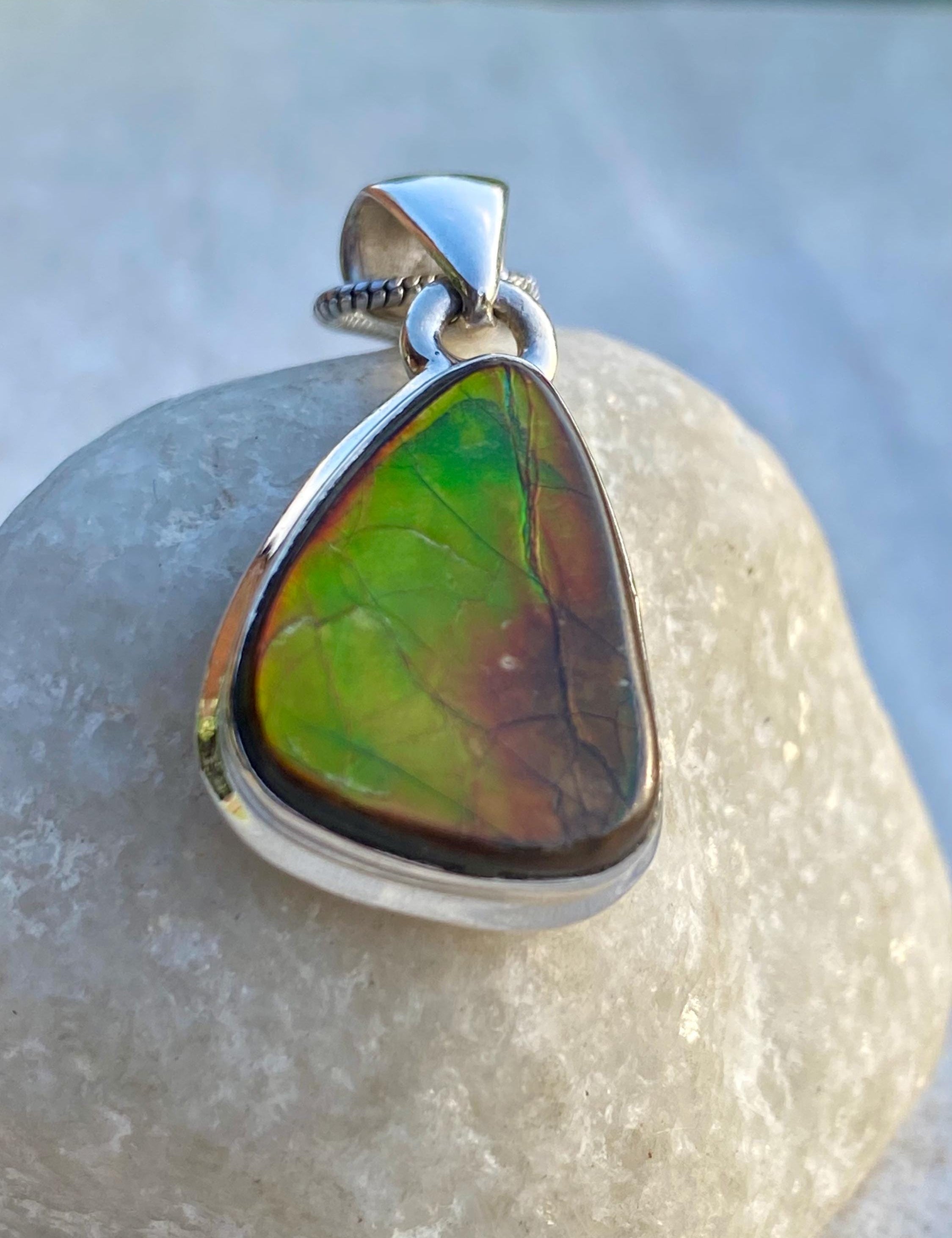 Ammolite Pendant: Iridescent Gemstone, Sterling Silver, Alberta Canada