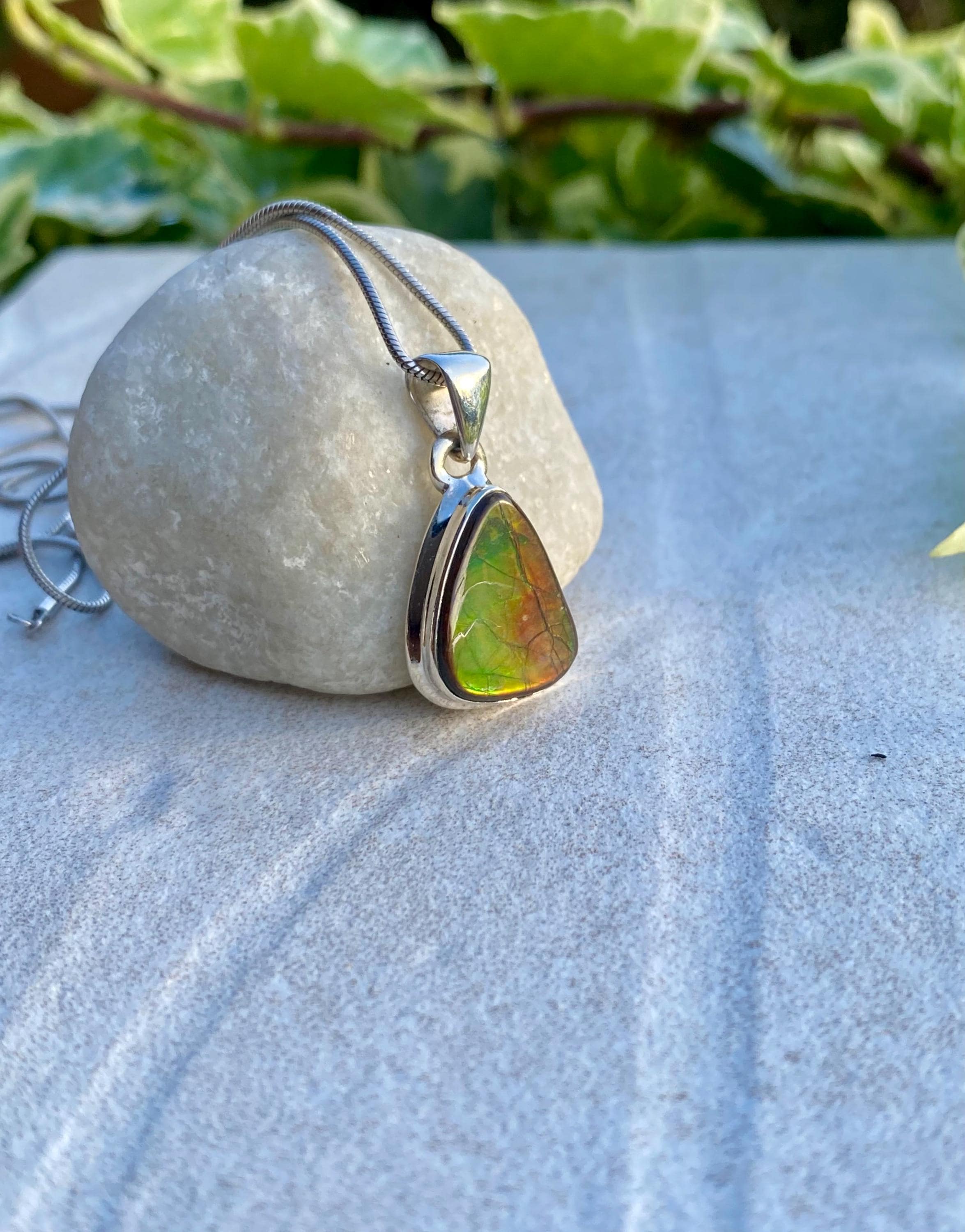 Ammolite Pendant: Iridescent Gemstone, Sterling Silver, Alberta Canada