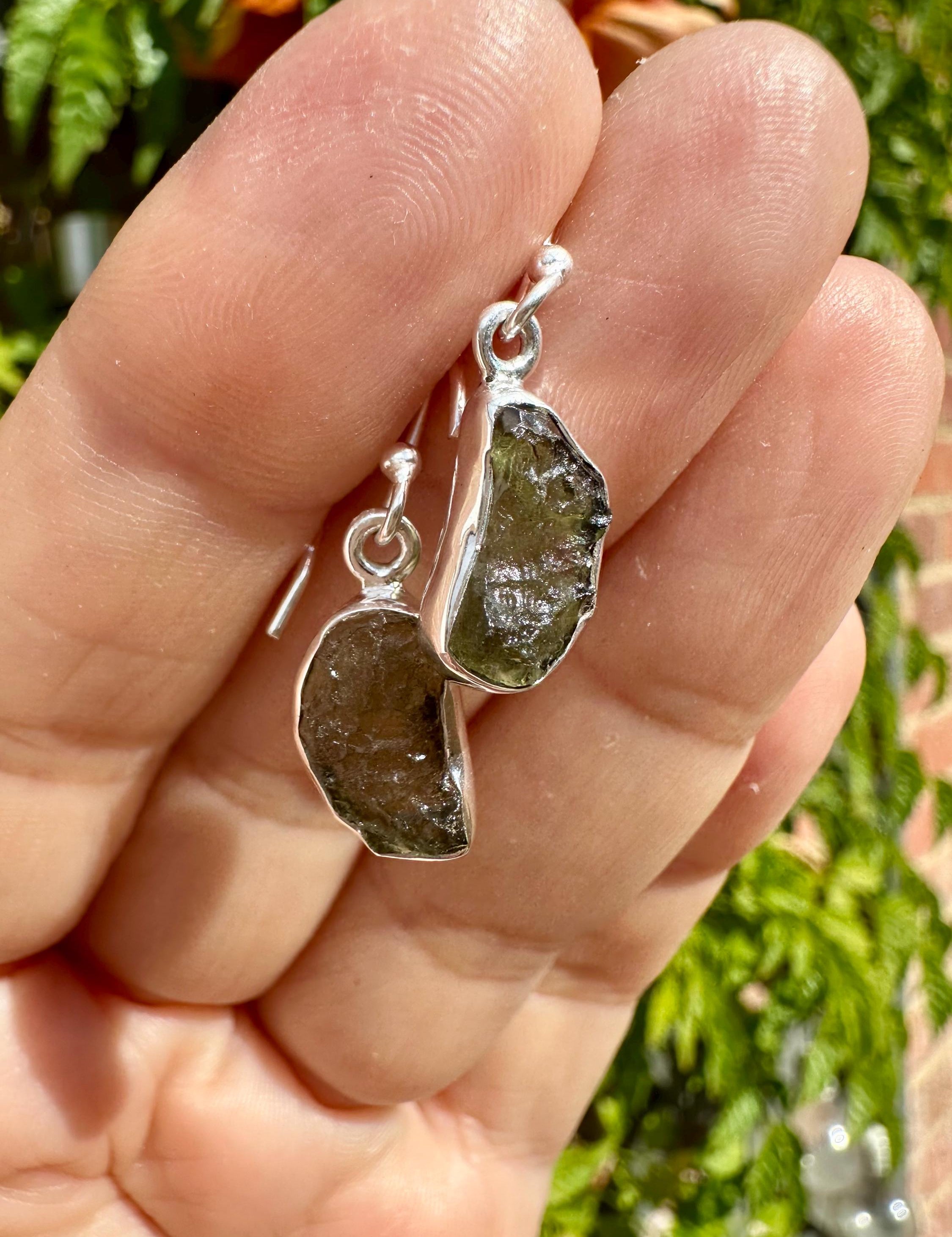 Natural Moldavite Dangle Earrings, Sterling Silver Uncut 13mm x 8mm, Handmade UK gift