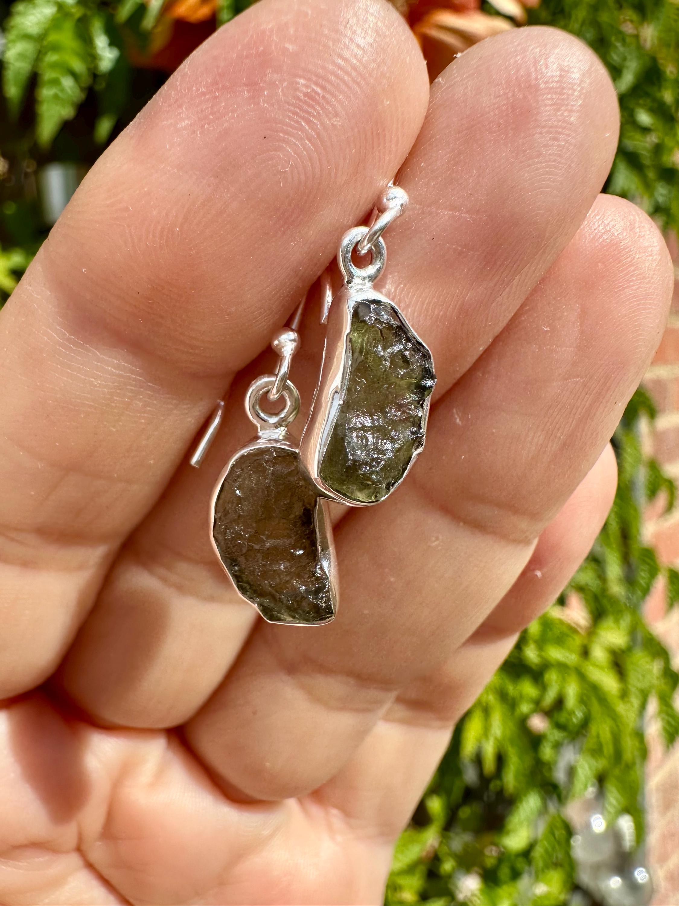 Natural Moldavite Dangle Earrings, Sterling Silver Uncut 13mm x 8mm, Handmade UK gift