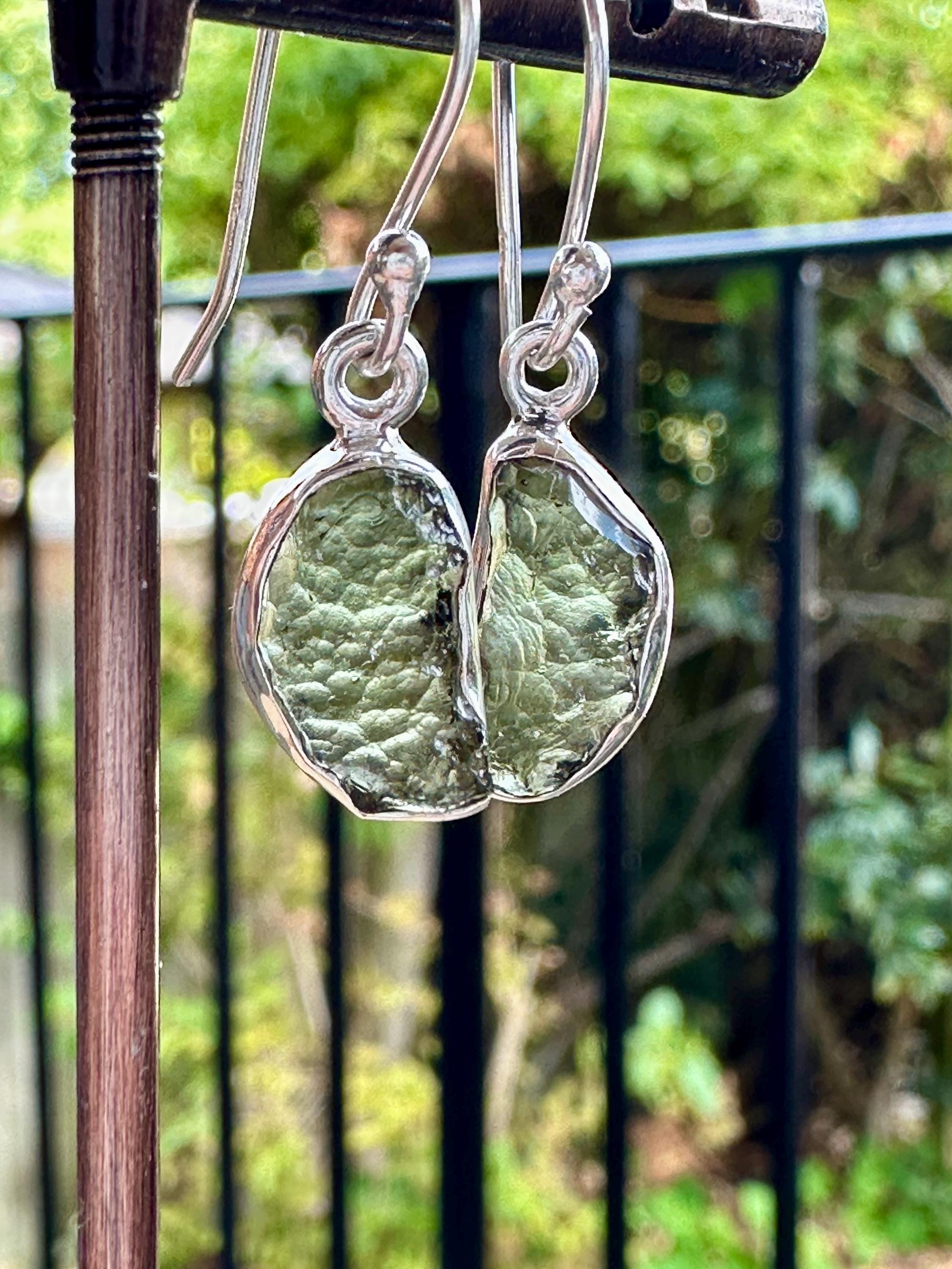 Natural Moldavite Dangle Earrings, Sterling Silver Uncut 13mm x 8mm, Handmade UK gift