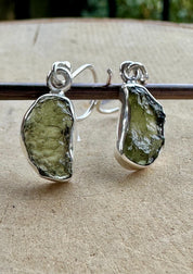 Natural Moldavite Dangle Earrings, Sterling Silver Uncut 13mm x 8mm, Handmade UK gift