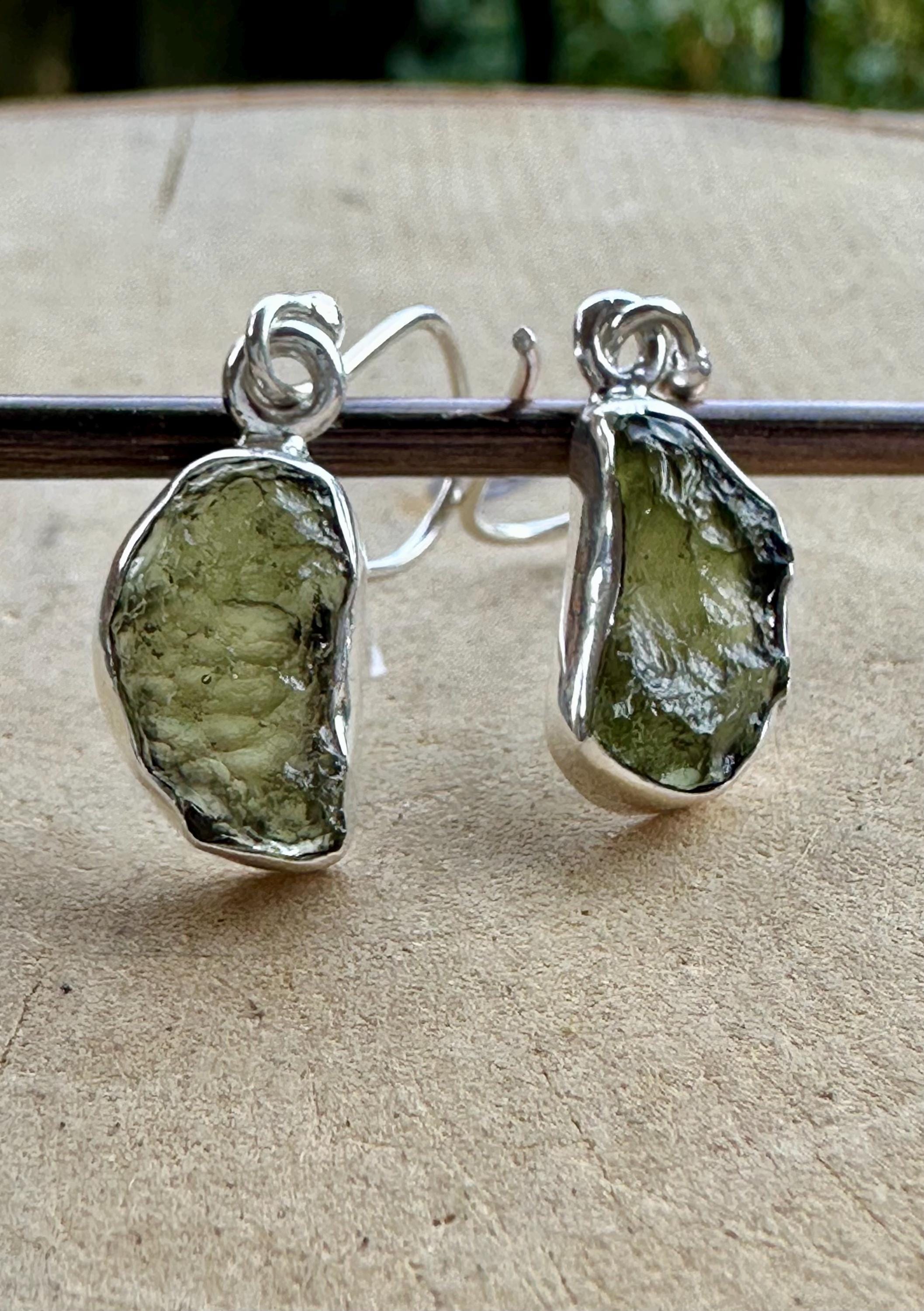 Natural Moldavite Dangle Earrings, Sterling Silver Uncut 13mm x 8mm, Handmade UK gift