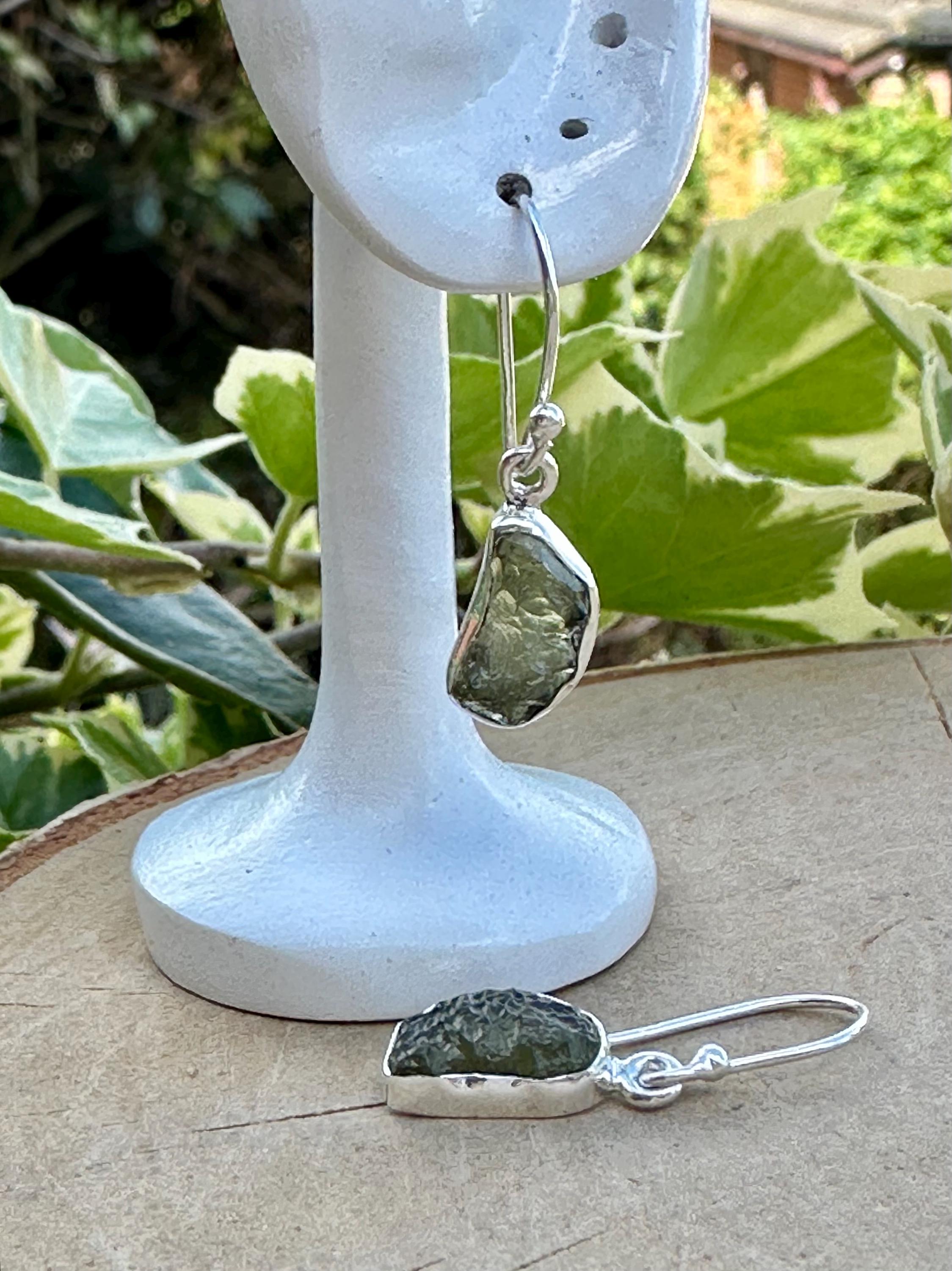 Natural Moldavite Dangle Earrings, Sterling Silver Uncut 13mm x 8mm, Handmade UK gift