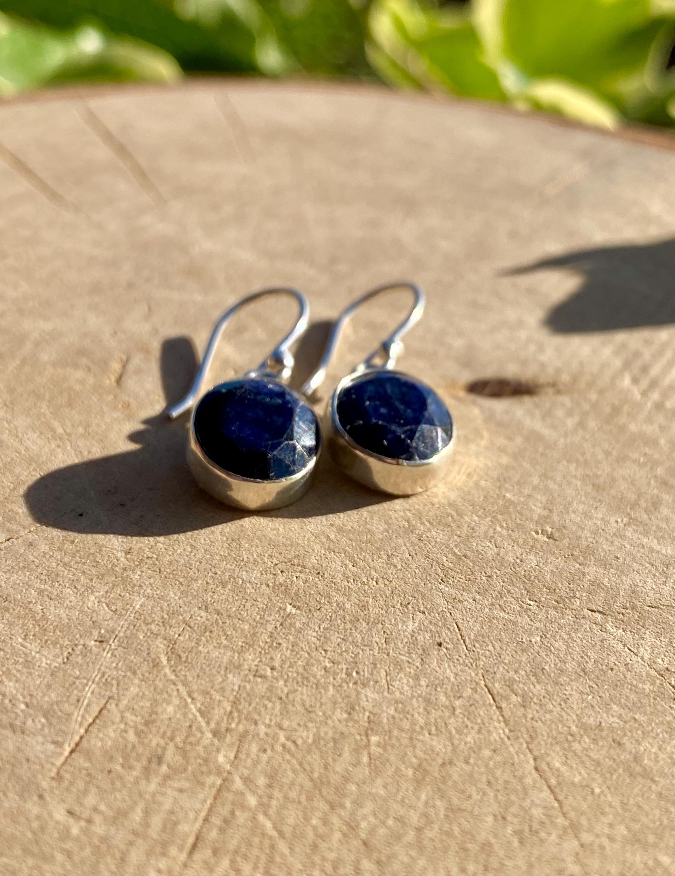 Raw Blue Sapphire Dangle Earrings: Sterling Silver September Birthstone