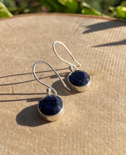 Raw Blue Sapphire Dangle Earrings: Sterling Silver September Birthstone