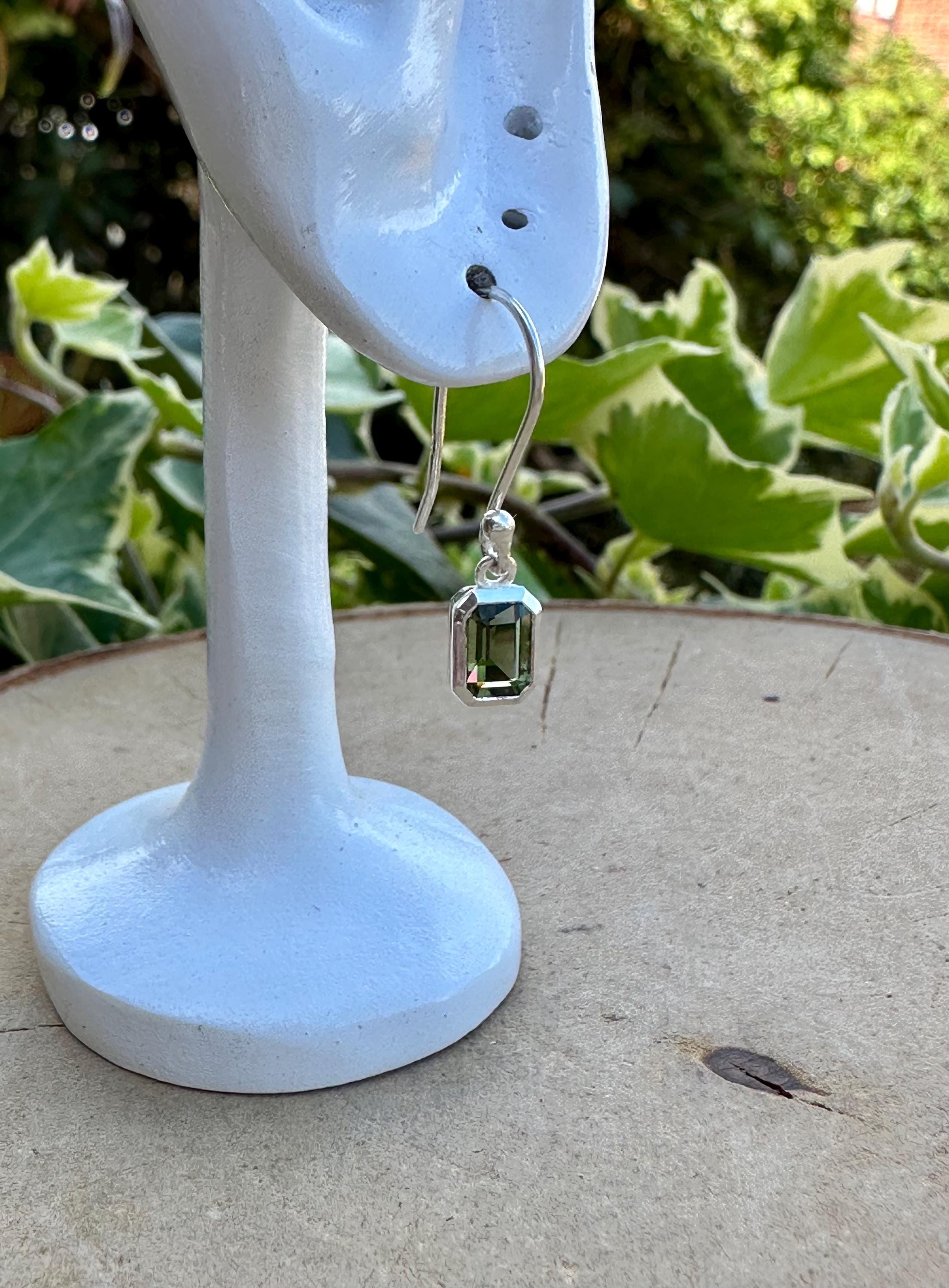 Genuine Moldavite Dangle Earrings, Sterling Silver Emerald - Cut 7mm x 5mm, Handmade UK gift