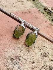 Natural Moldavite Dangle Earrings, Uncut 12mm x 8mm Sterling Silver, Handmade UK