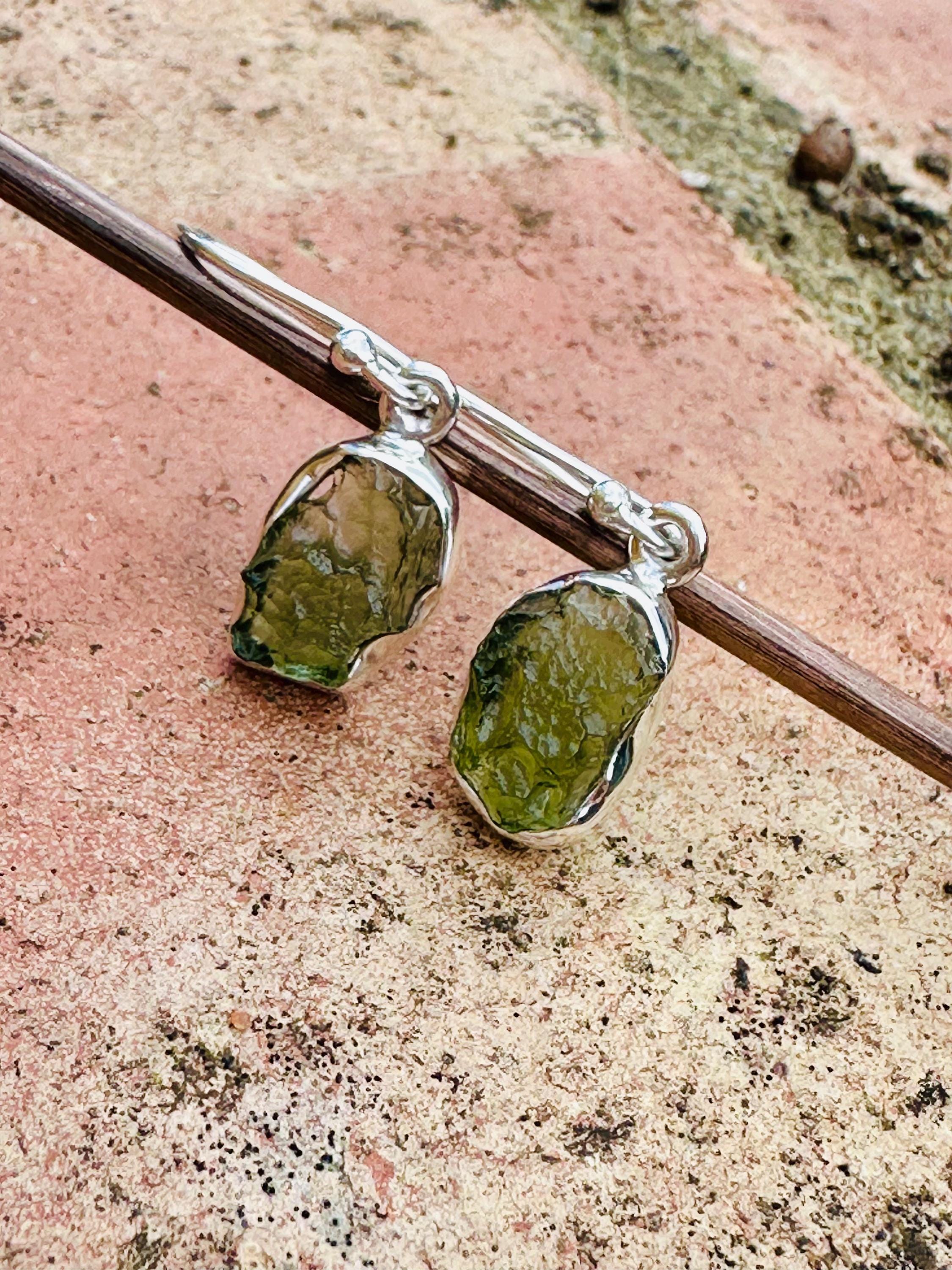 Natural Moldavite Dangle Earrings, Uncut 12mm x 8mm Sterling Silver, Handmade UK