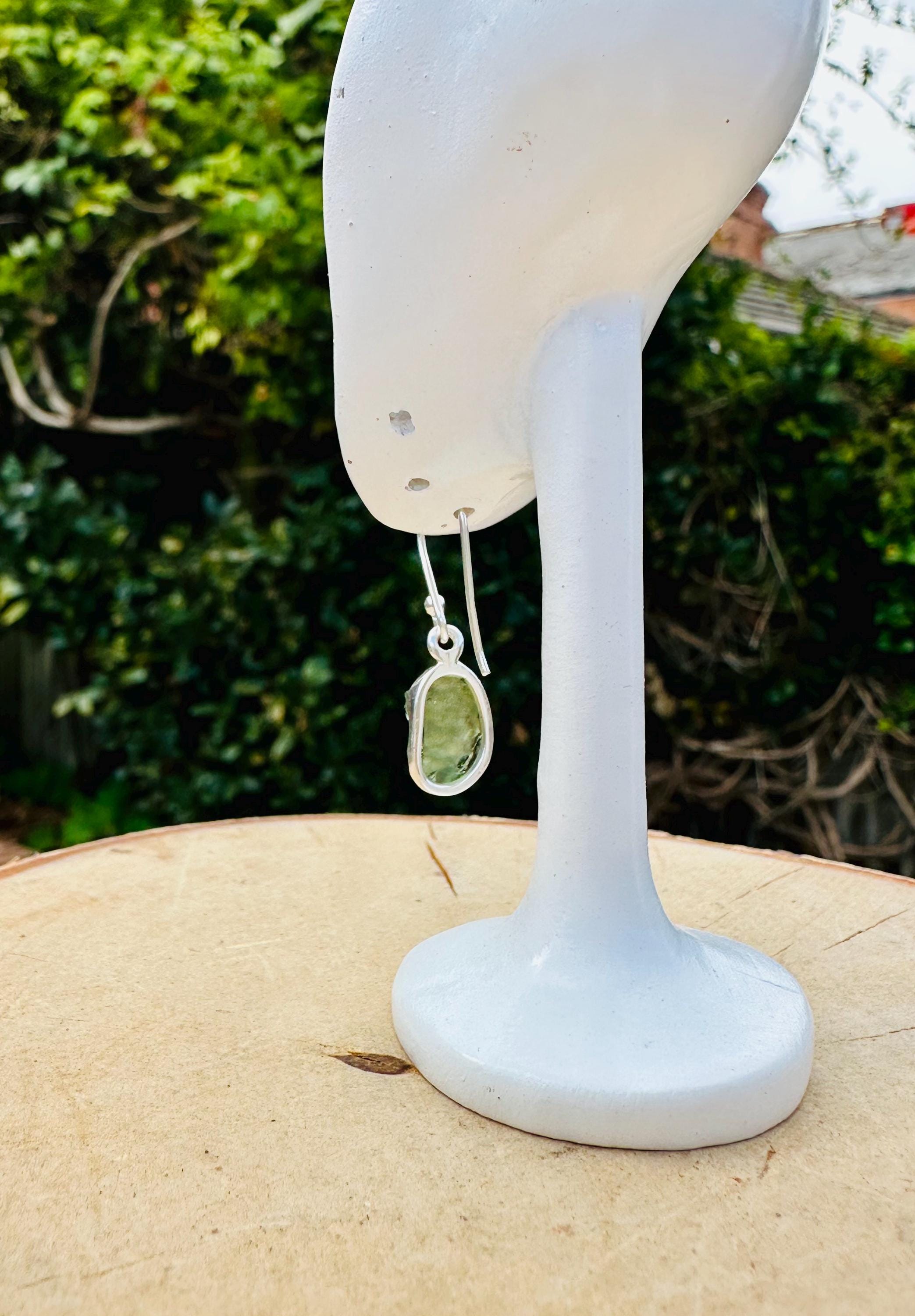 Natural Moldavite Dangle Earrings, Uncut 12mm x 8mm Sterling Silver, Handmade UK