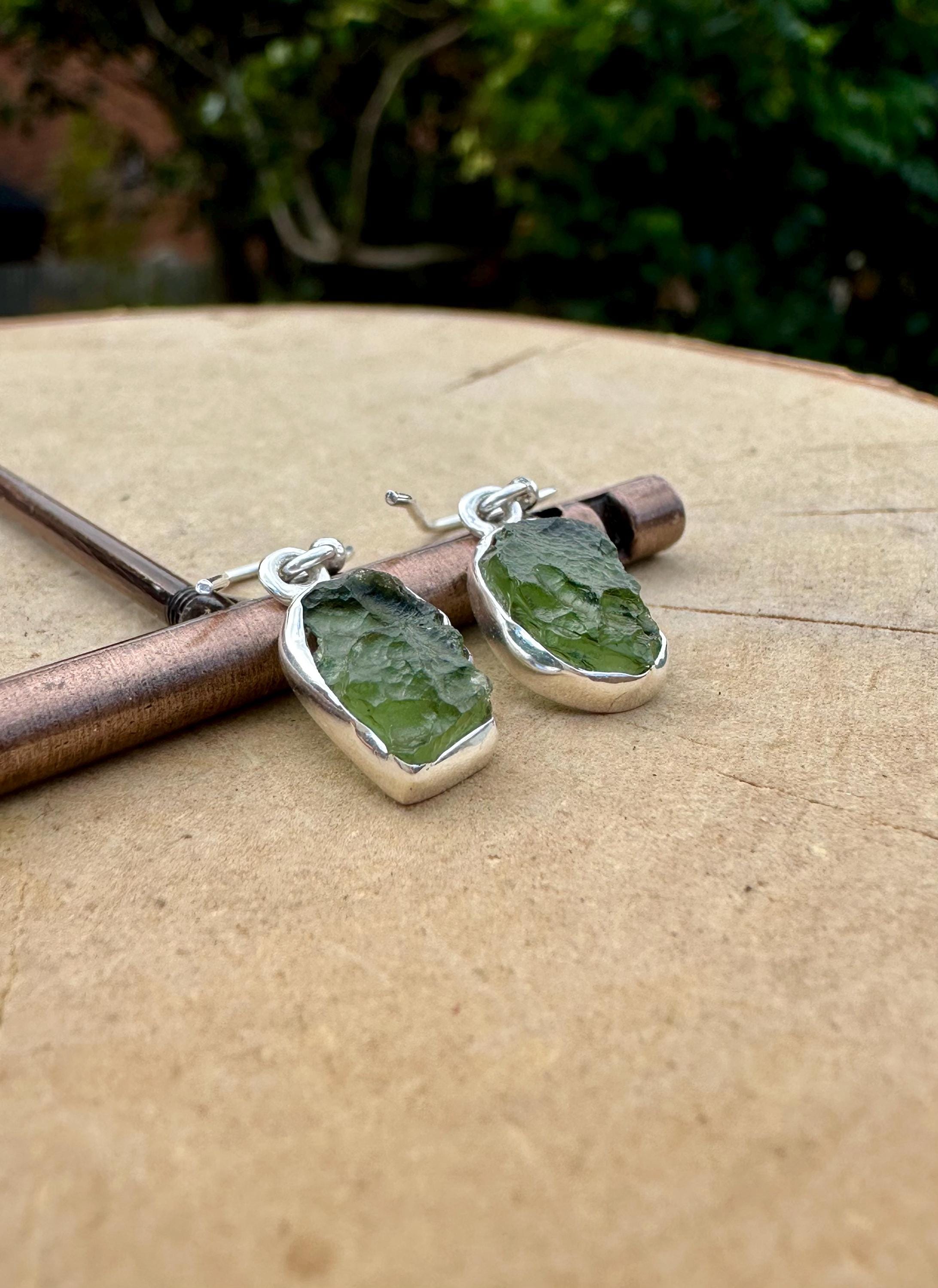 Natural Moldavite Dangle Earrings, Uncut 12mm x 8mm Sterling Silver, Handmade UK