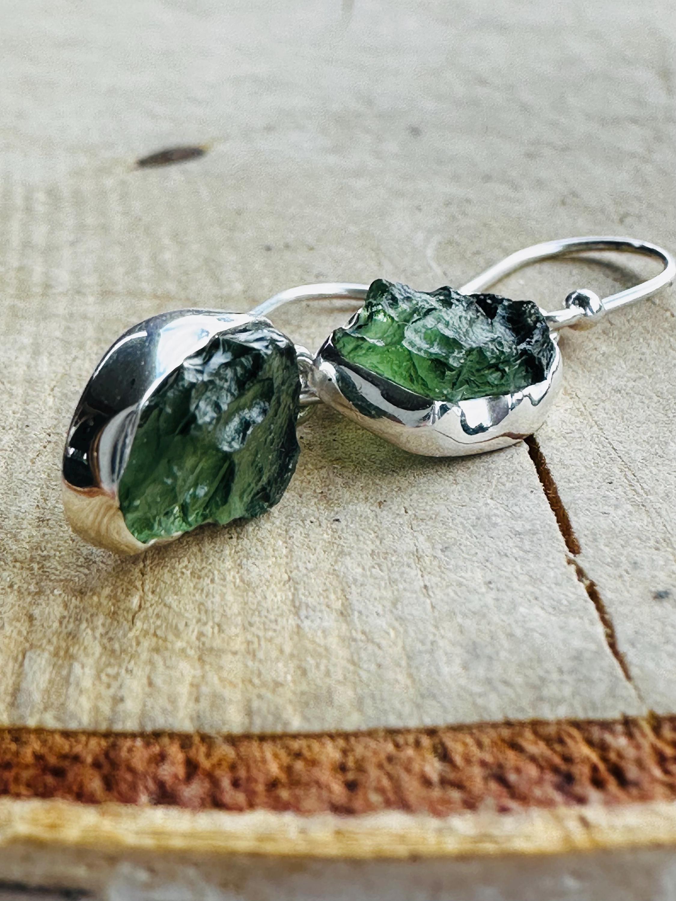 Natural Moldavite Dangle Earrings, Uncut 12mm x 8mm Sterling Silver, Handmade UK