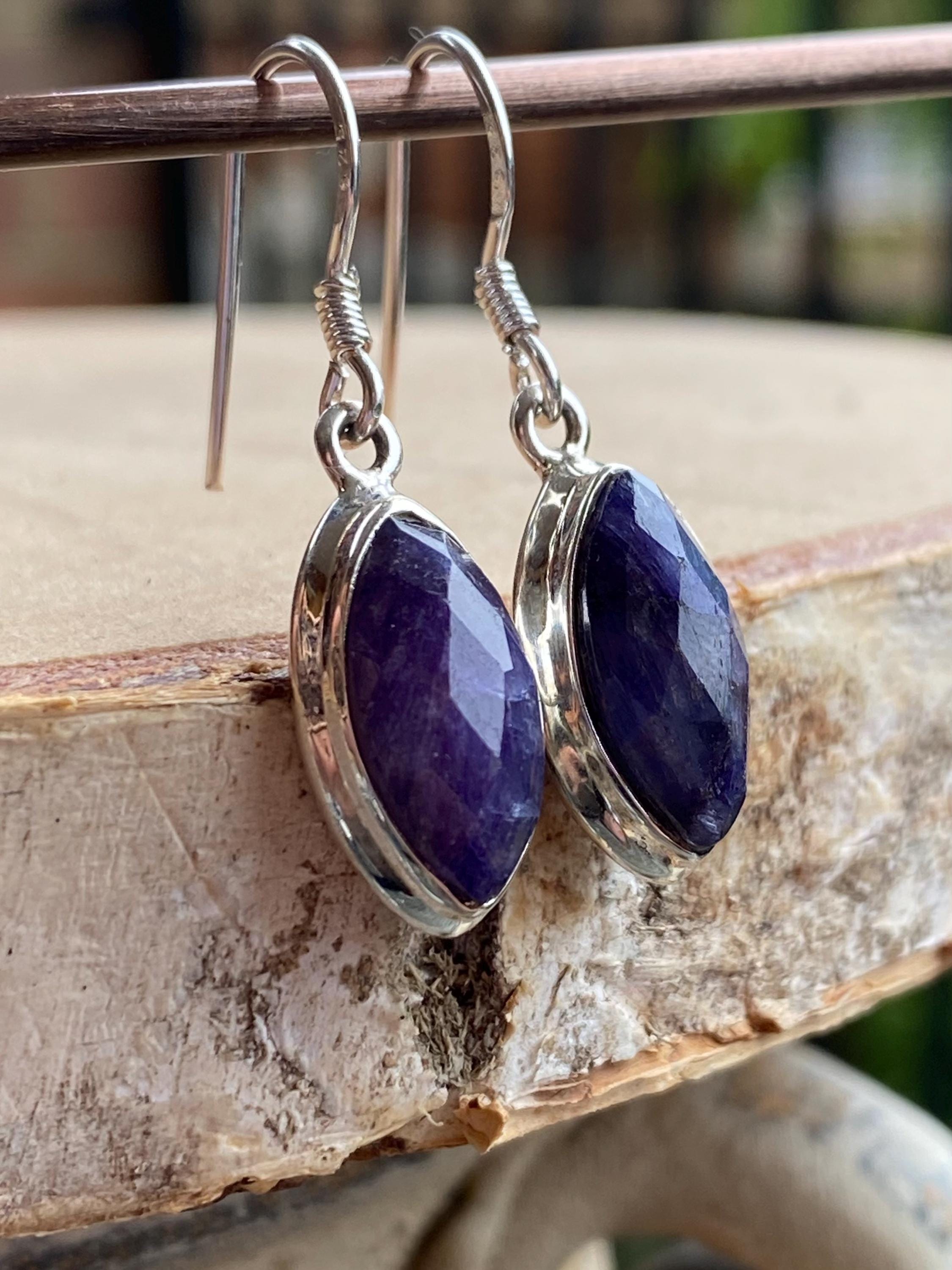 Marquise Raw Sapphire Dangle Earrings, Sterling Silver, September Birthstone