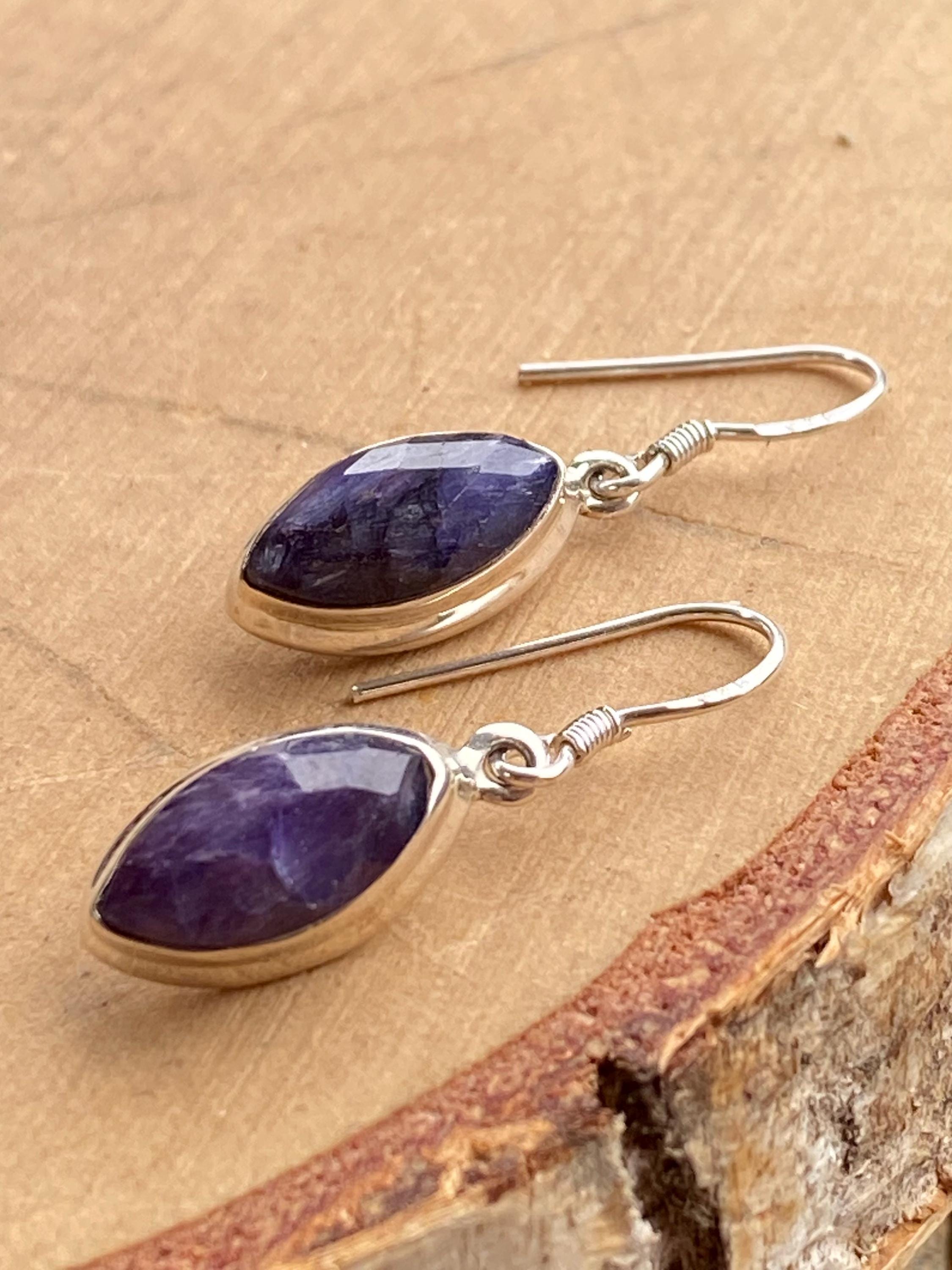 Marquise Raw Sapphire Dangle Earrings, Sterling Silver, September Birthstone
