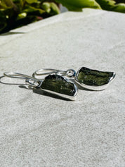 Natural Moldavite Dangle Earrings, Sterling Silver Uncut 14mm x 7mm, Handmade UK